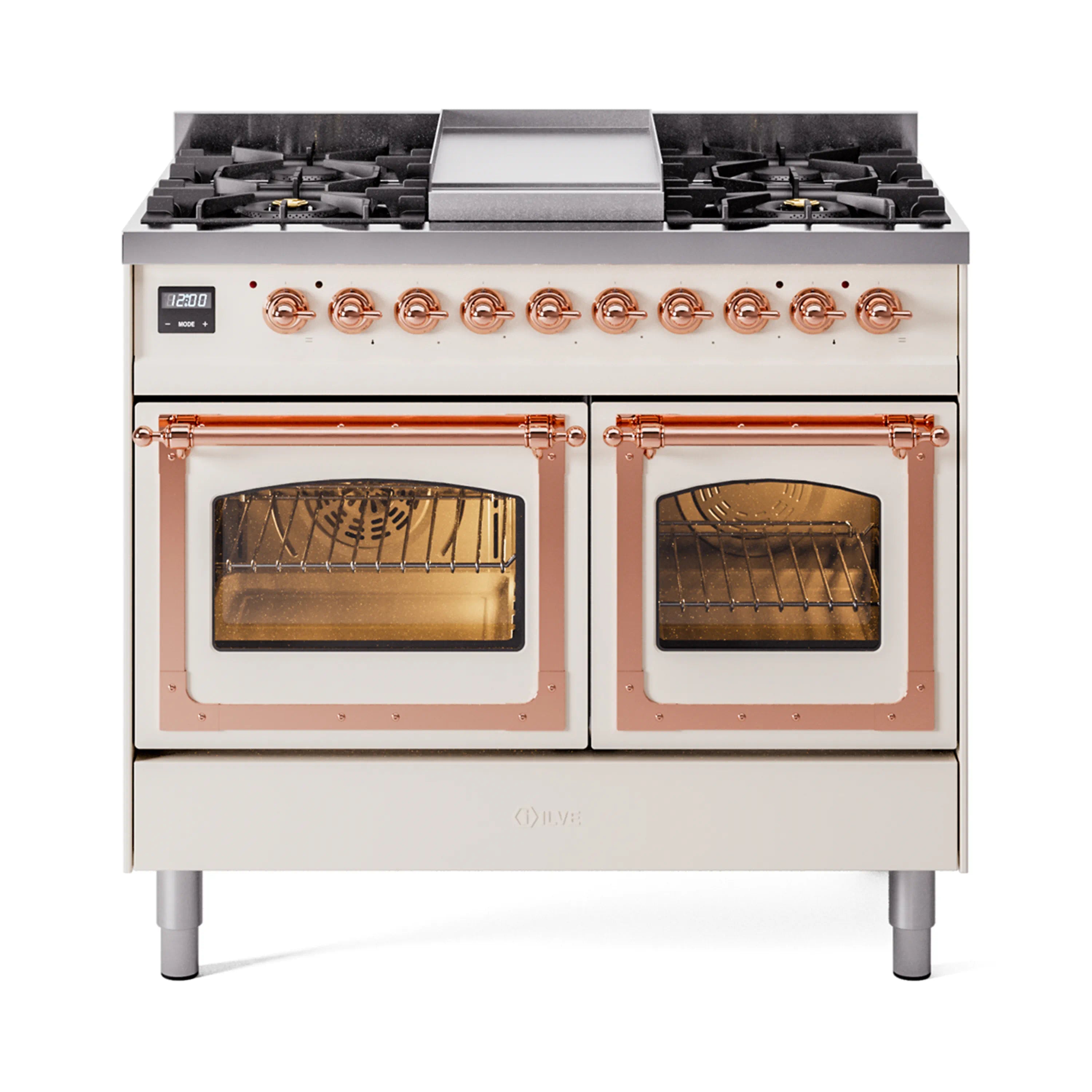 Antique white dual fuel range with copper trim, twin ovens open, gas burners on top
