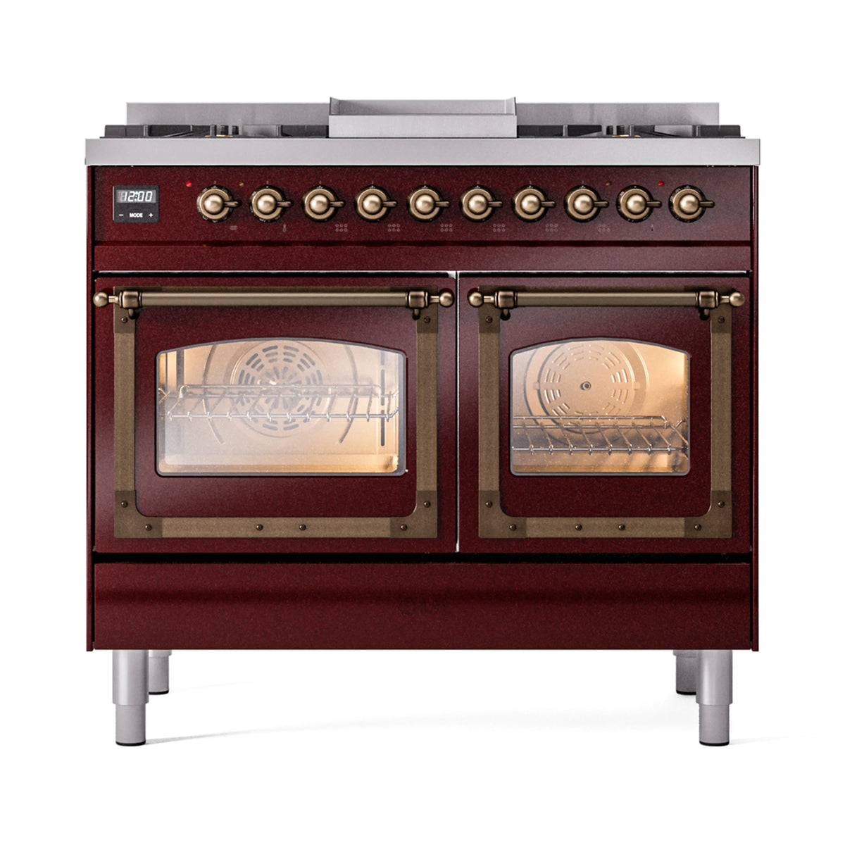 Burgundy dual fuel range front with twin glass oven doors and bronze control knobs
