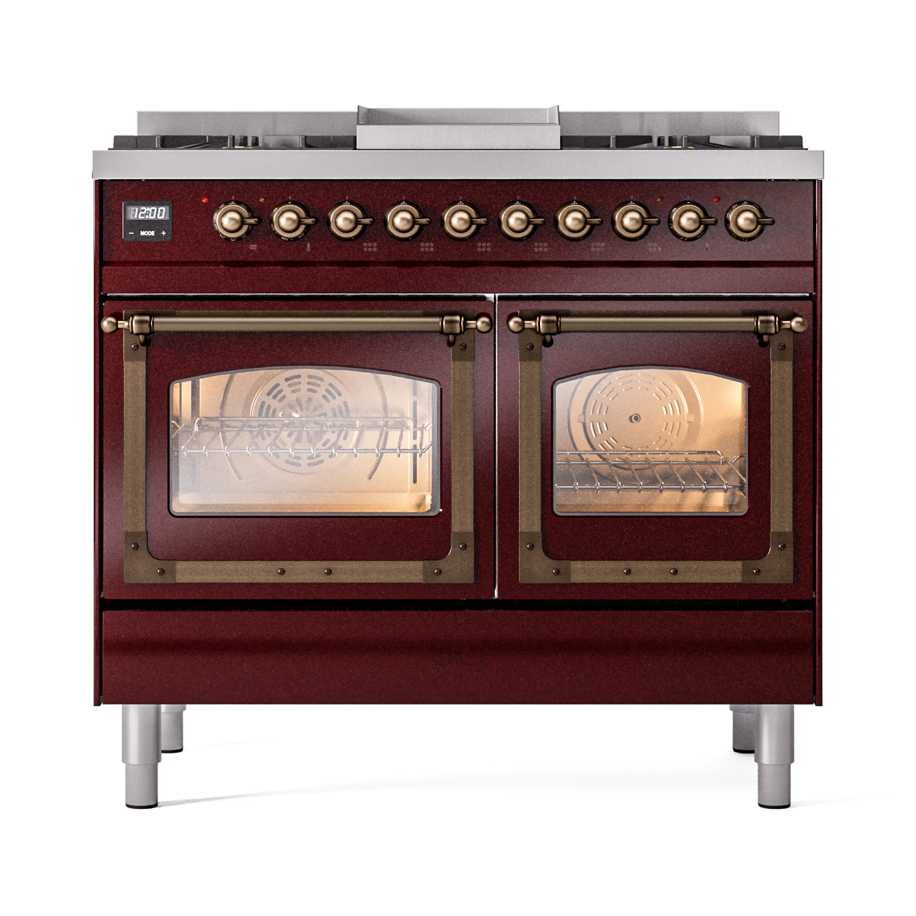 Burgundy dual fuel range with bronze trim, two glass oven doors and interior oven racks