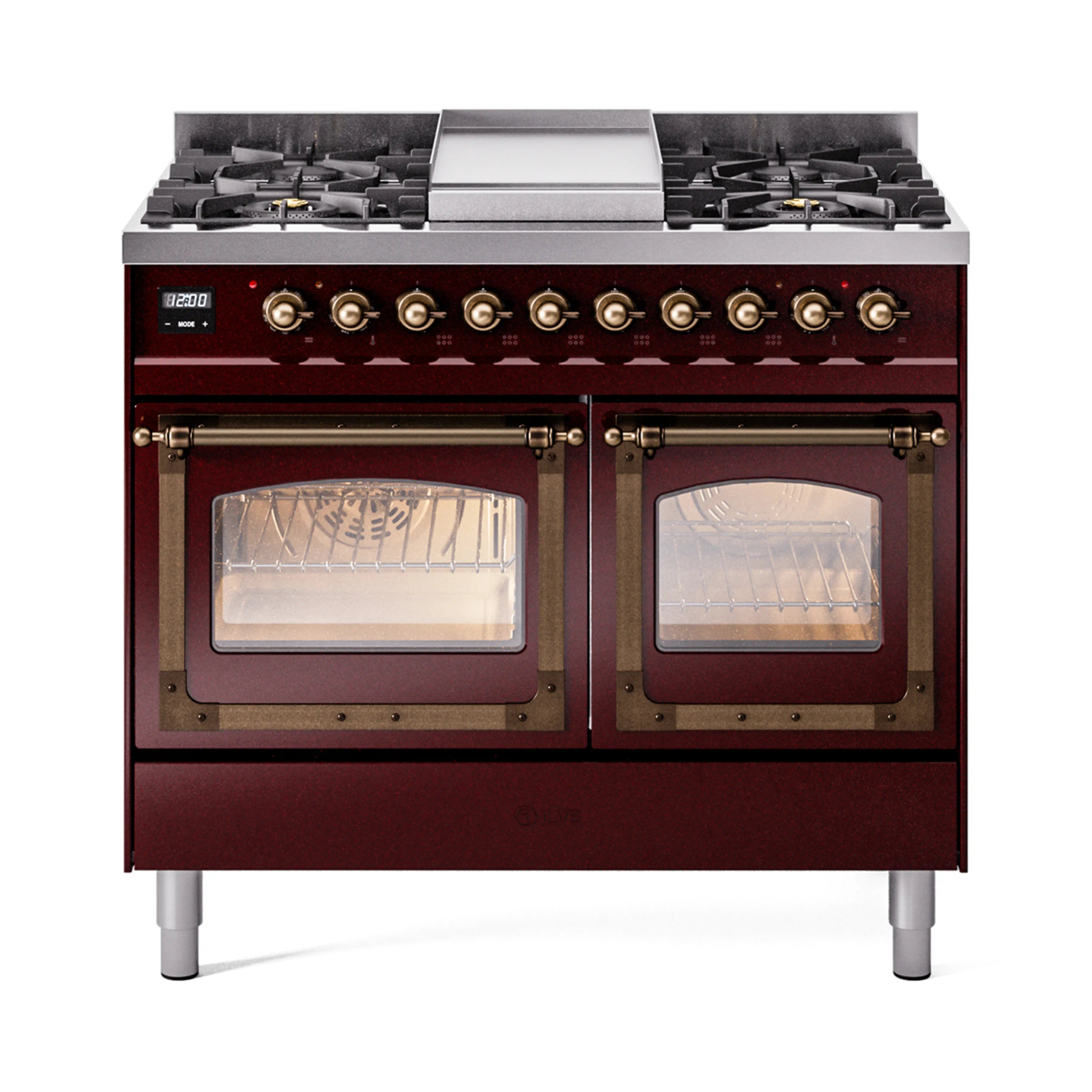 Burgundy dual fuel range with bronze trim, dual glass oven doors and gas burner knobs