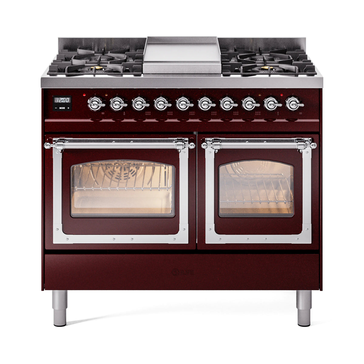Burgundy dual fuel gas range with cooktop burners and two oven doors, chrome trim