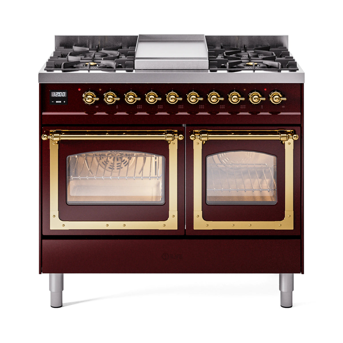 Burgundy dual-fuel gas range with two oven doors showing racks, brass trim, front view