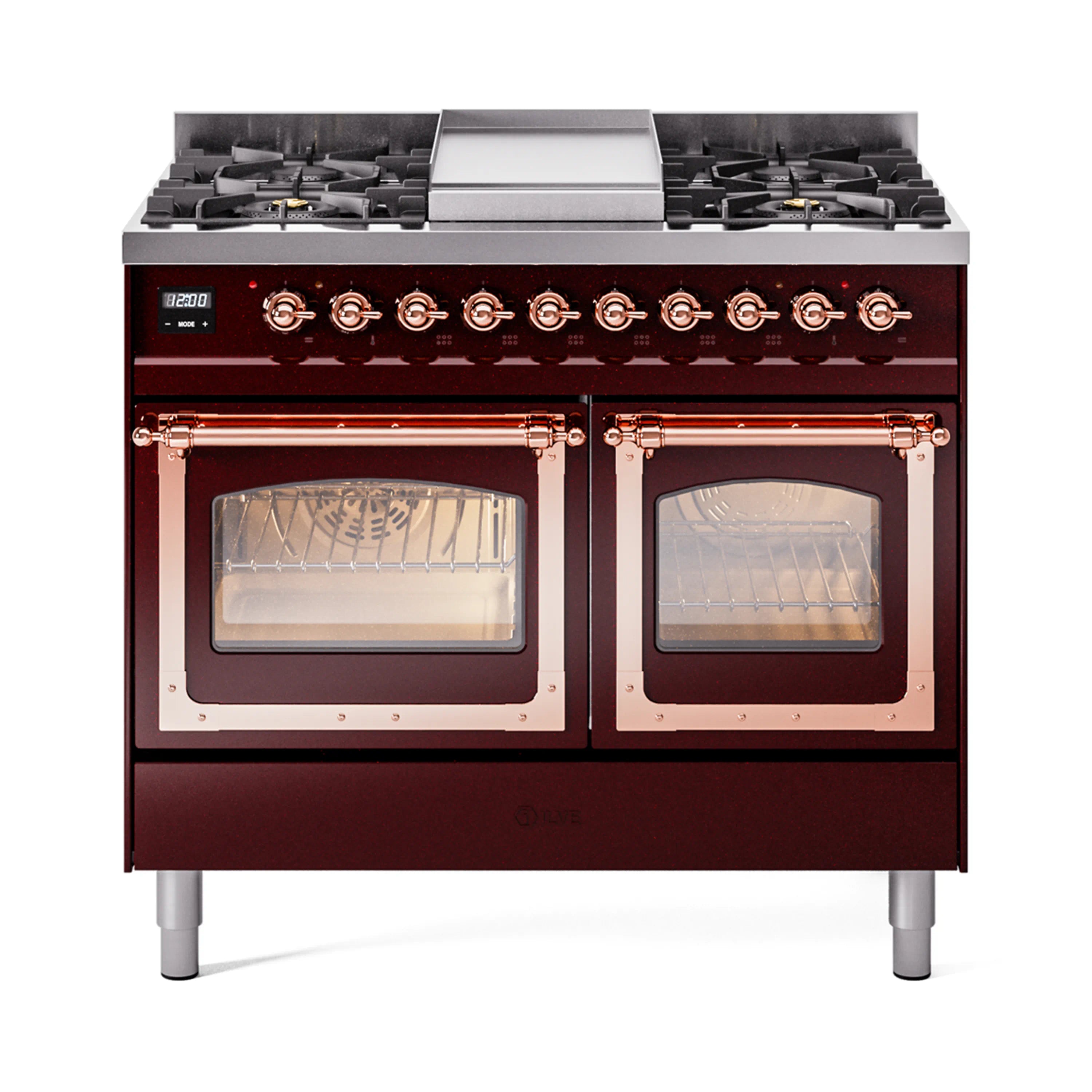 Burgundy dual fuel range with copper-trimmed oven doors and gas burner cooktop