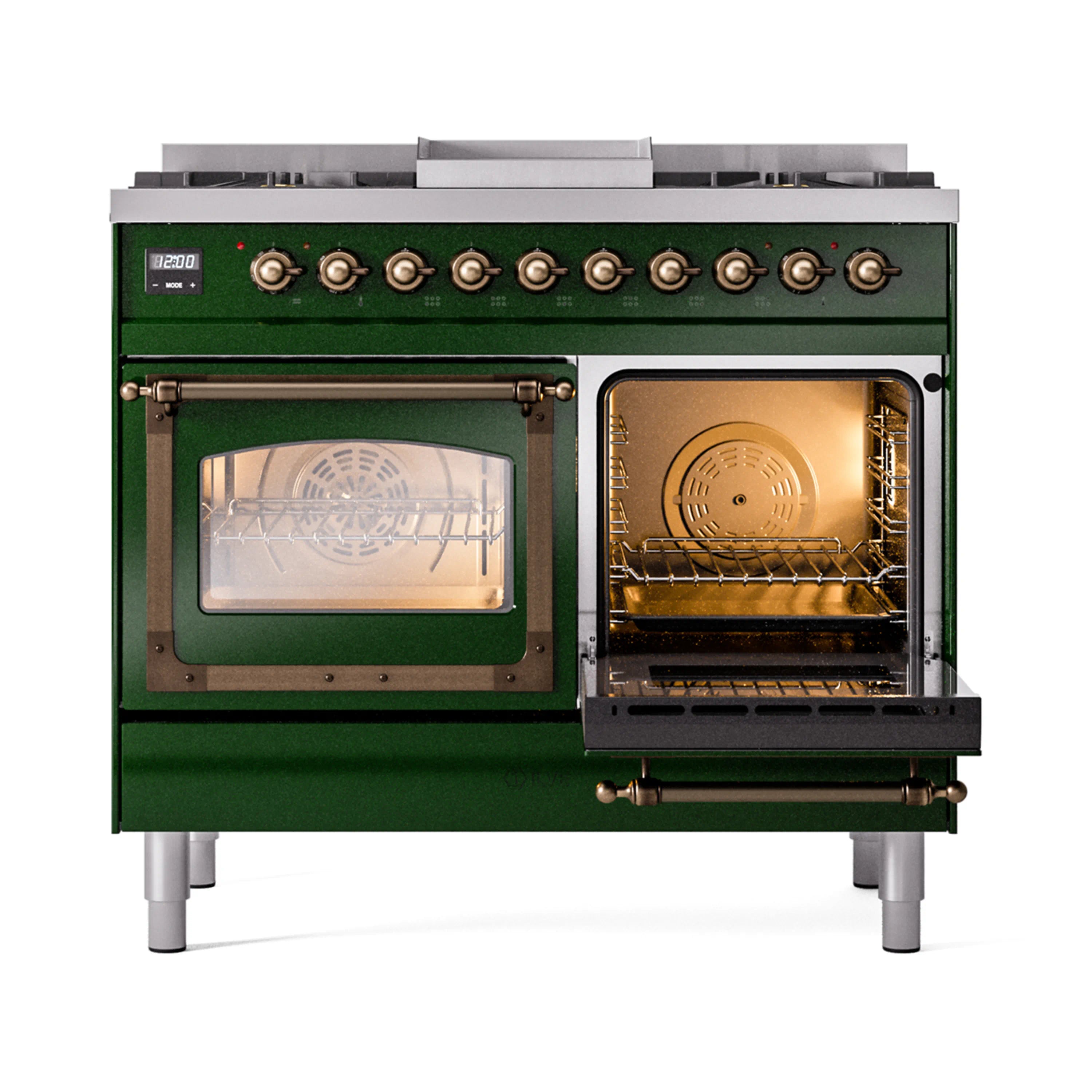 Emerald green dual fuel range with left oven door closed and right oven door open