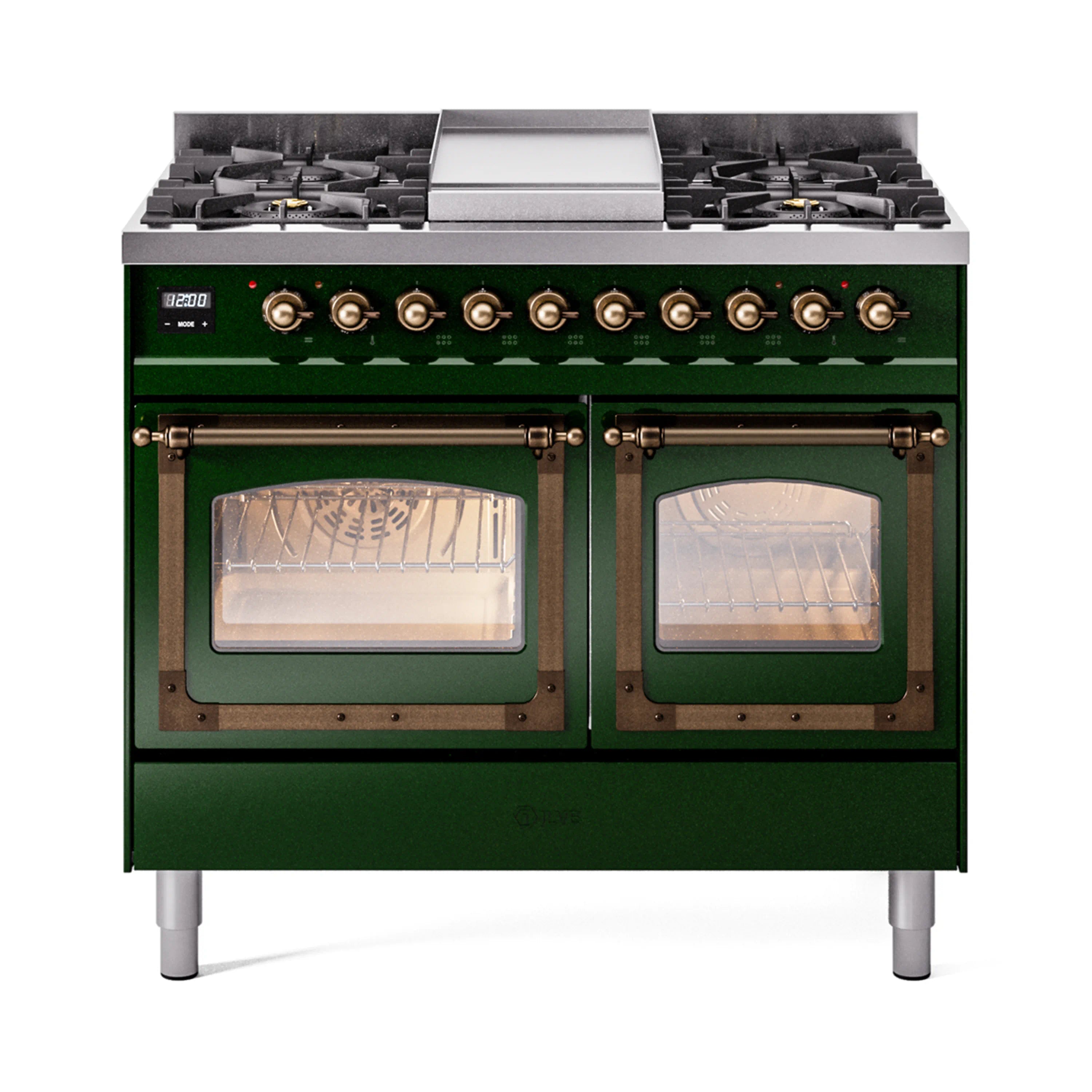 Emerald green dual fuel range with triple-glass oven doors and bronze control knobs