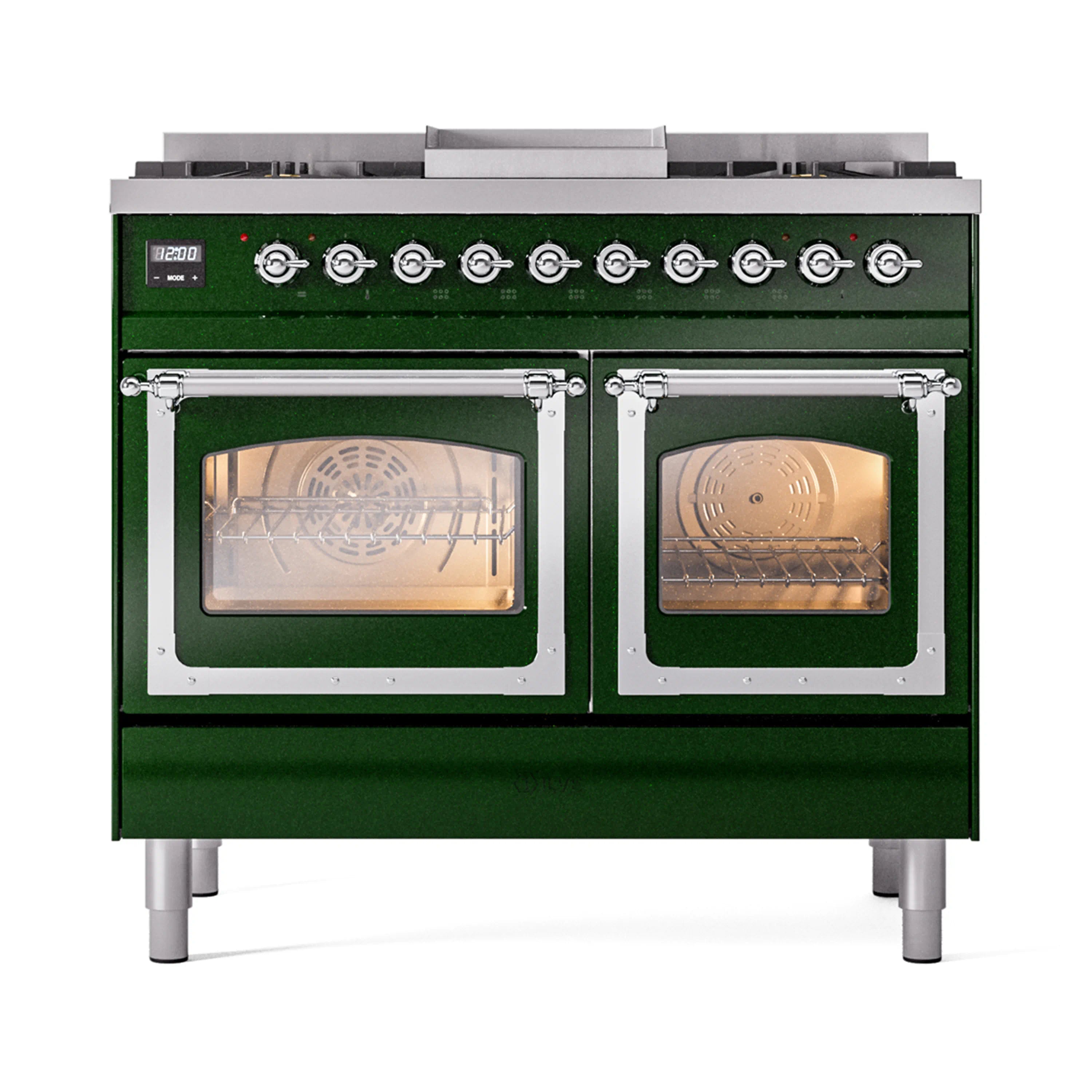 Emerald green range with twin open oven doors and chrome control knobs above burners