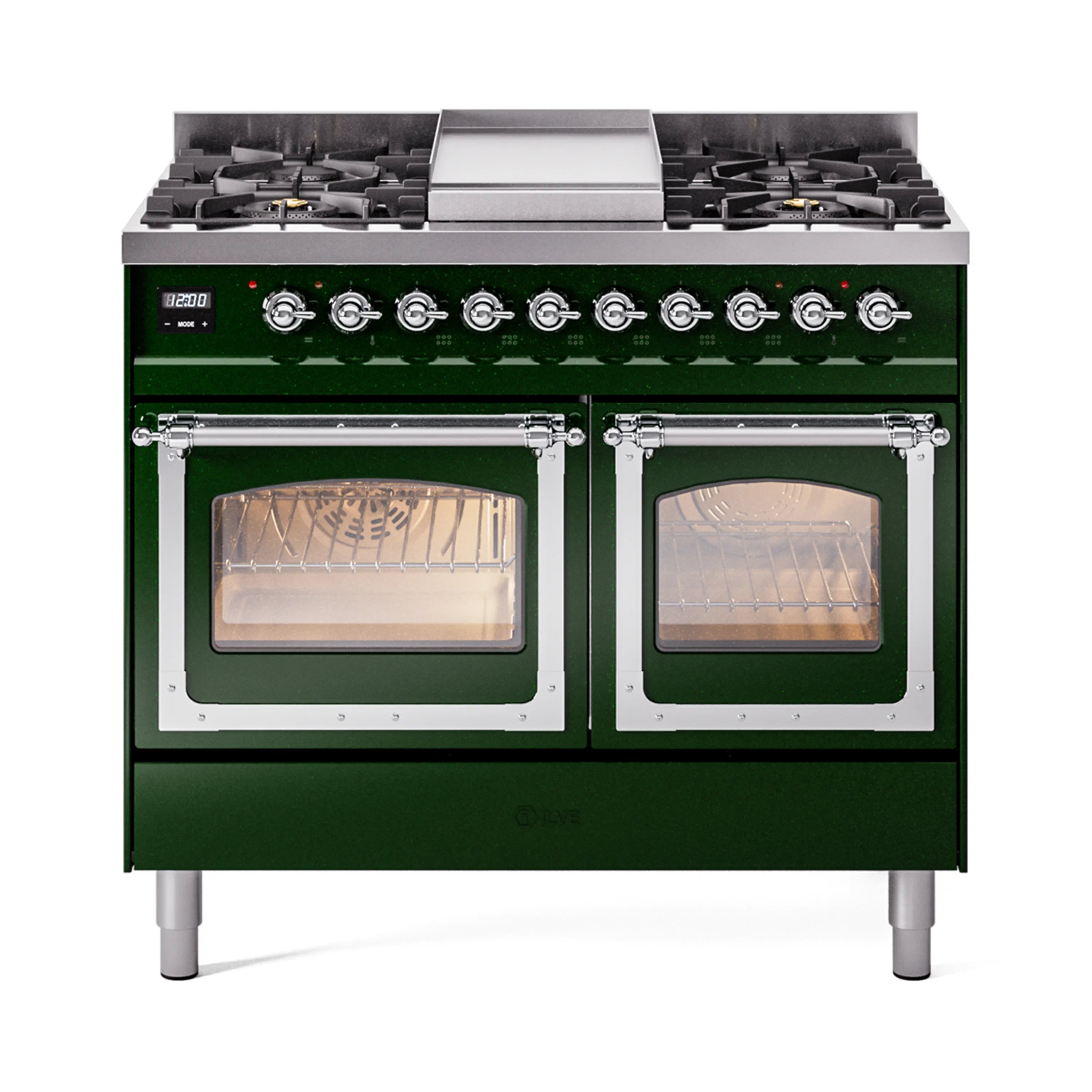 Emerald green gas dual-fuel range with chrome-trimmed twin oven doors and burner grates