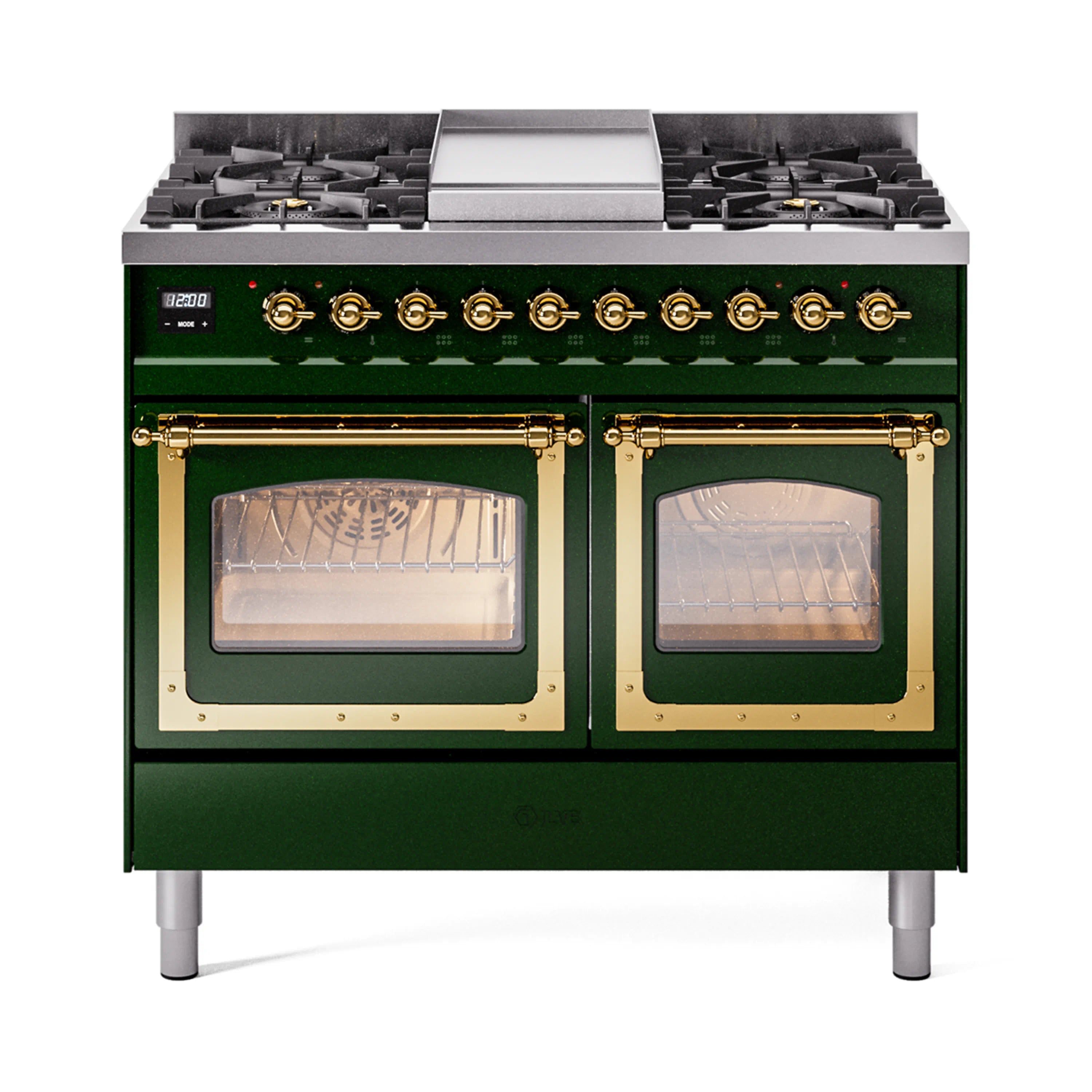 Emerald green dual fuel range with two oven doors and brass trim, top gas burner grates