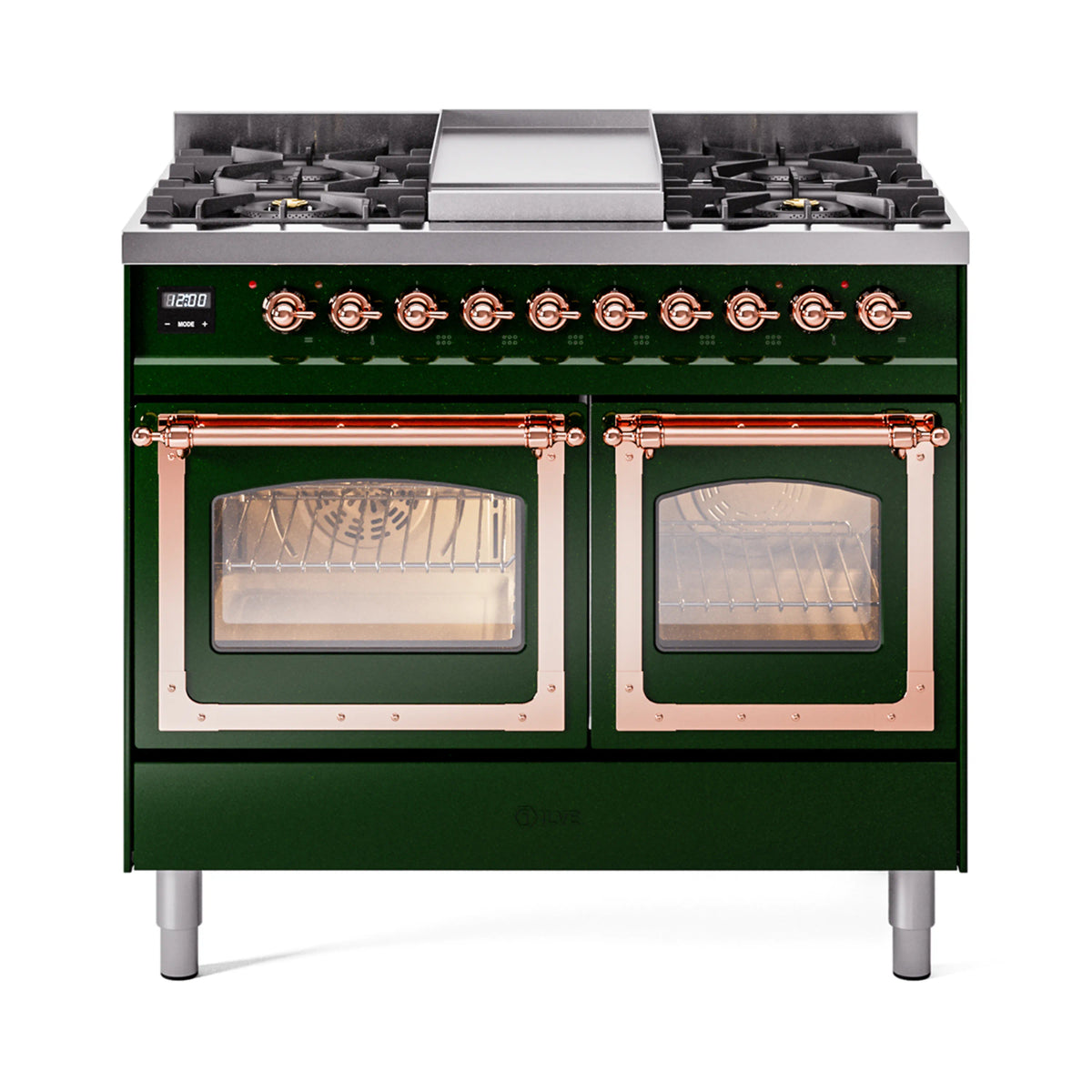 Emerald green dual fuel range with copper control knobs and two open oven doors