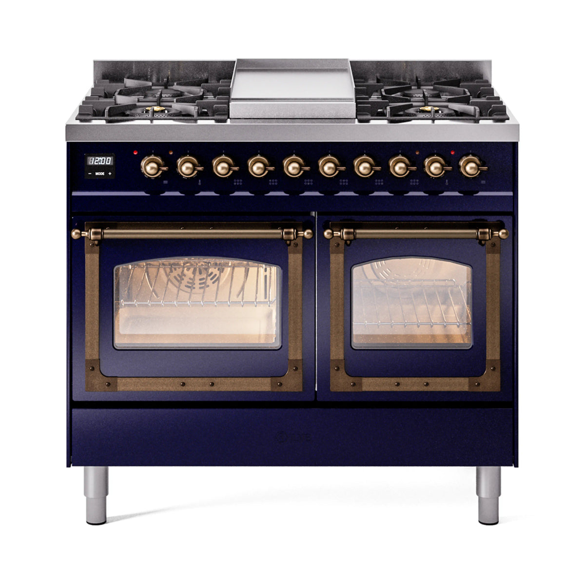 Midnight blue range with four burners, bronze knobs, and double glass oven doors