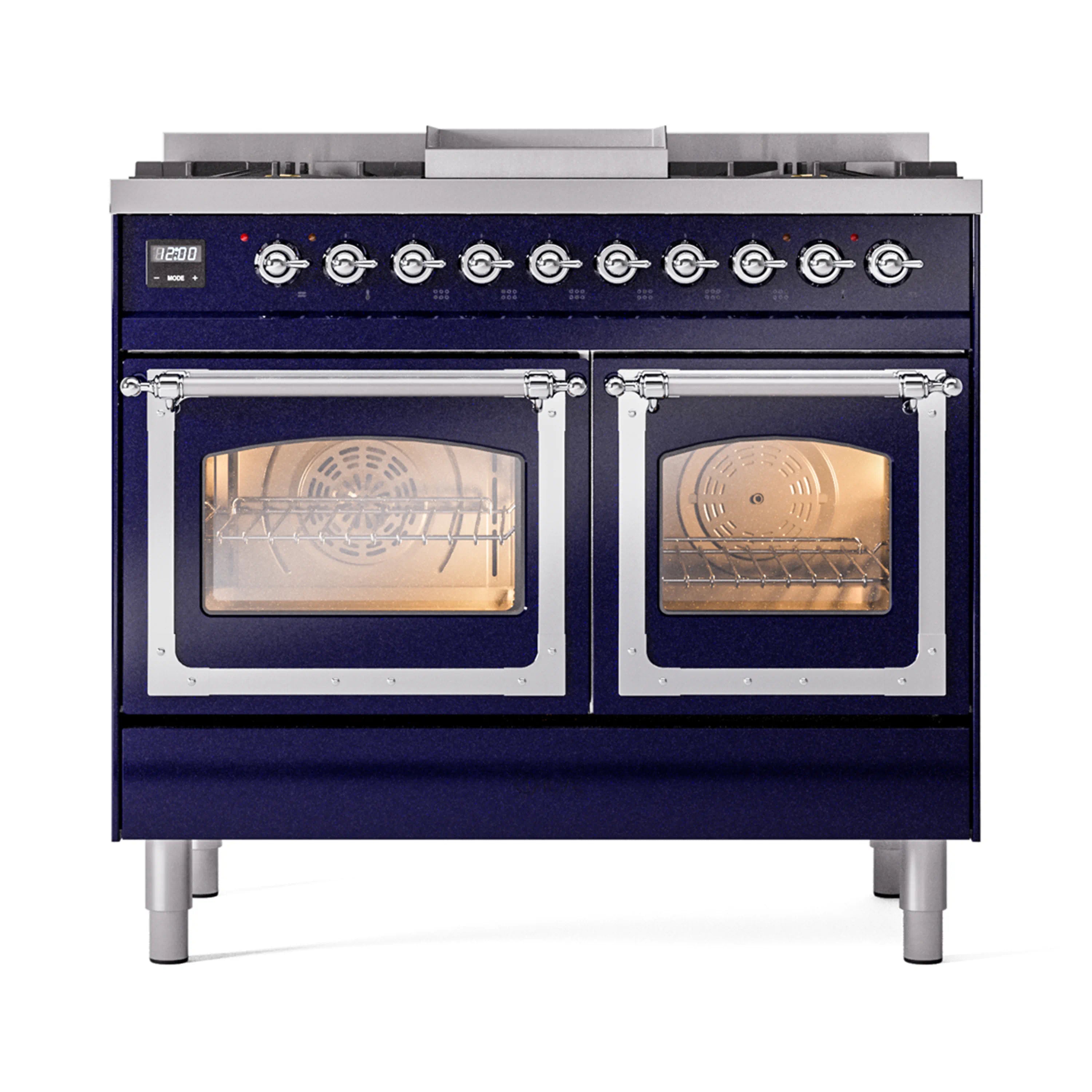Midnight blue dual fuel range with chrome knobs and two ovens, burner grates on top