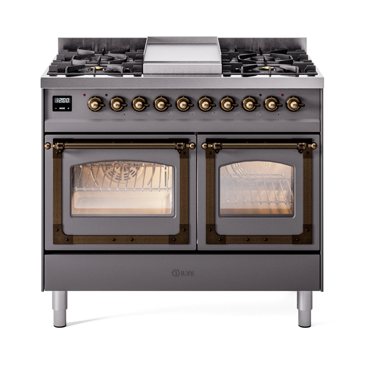 Matte graphite dual fuel range with bronze knobs and dual ovens with glass doors