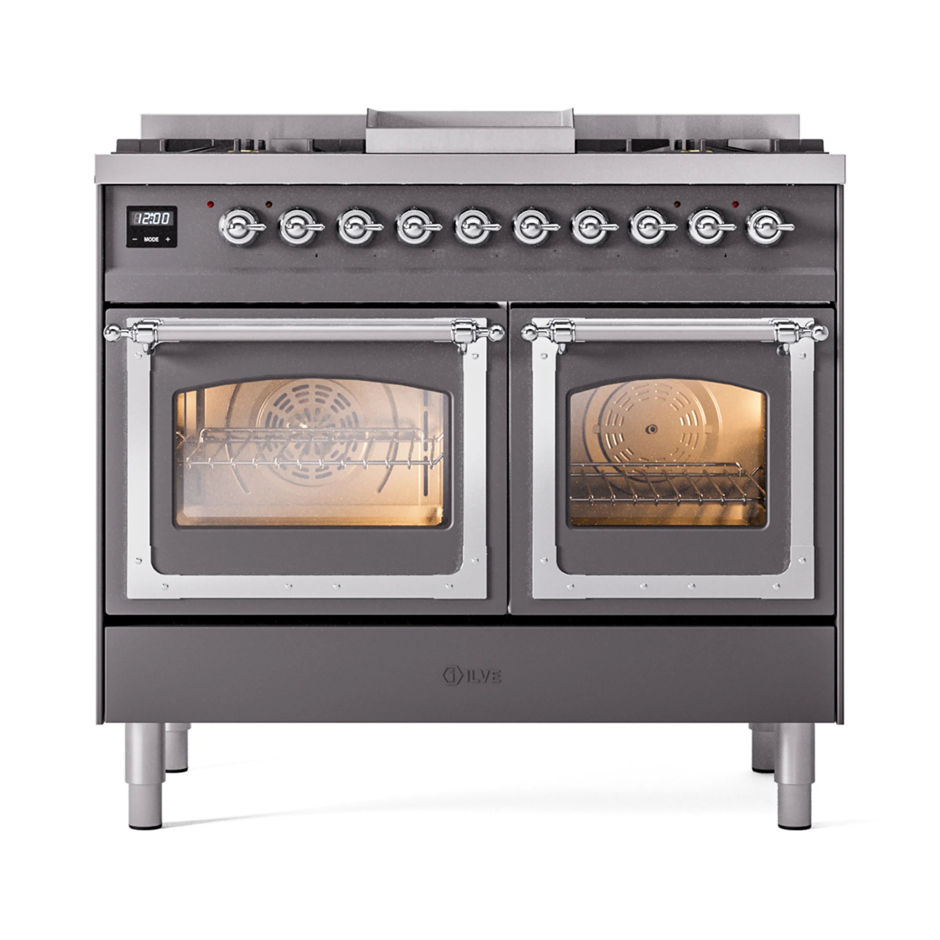 Matte graphite dual-fuel range with chrome control knobs and double glass oven doors