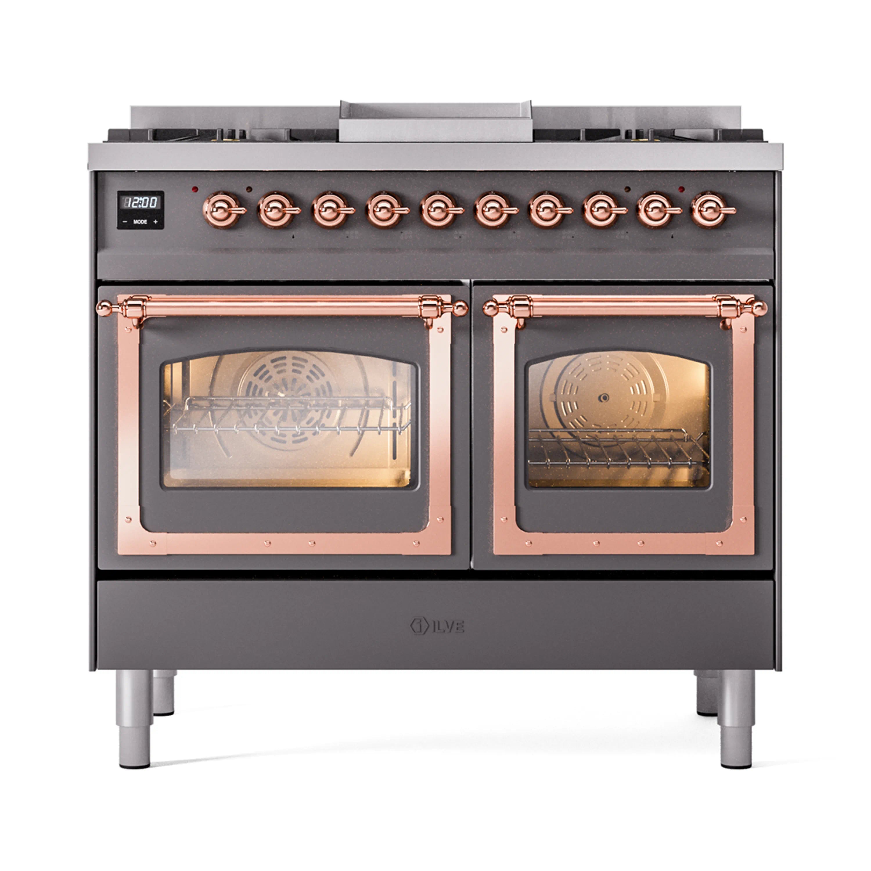 Matte graphite range with copper-trimmed oven doors open and visible racks inside both ovens
