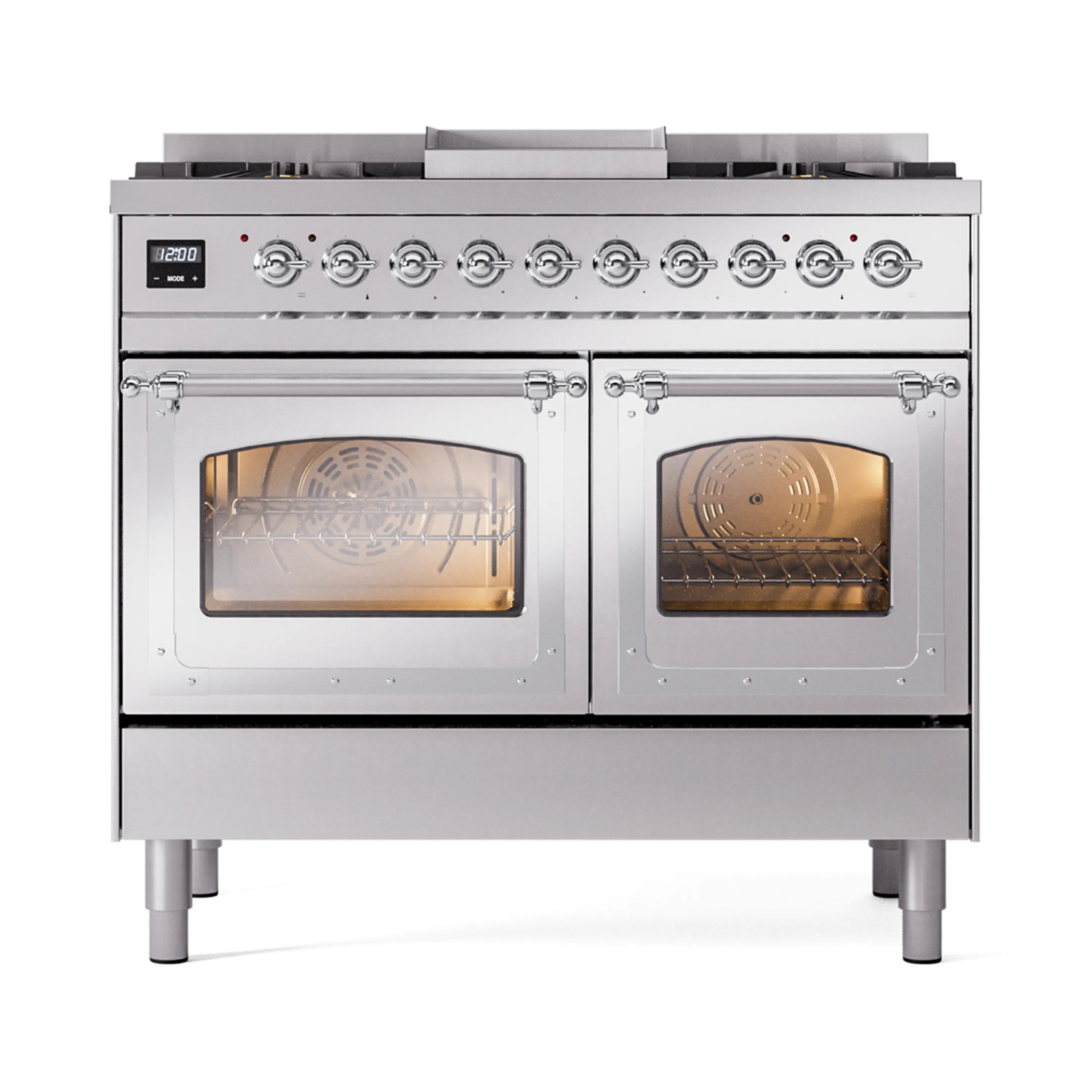Stainless steel dual fuel range with both ovens open and illuminated interior