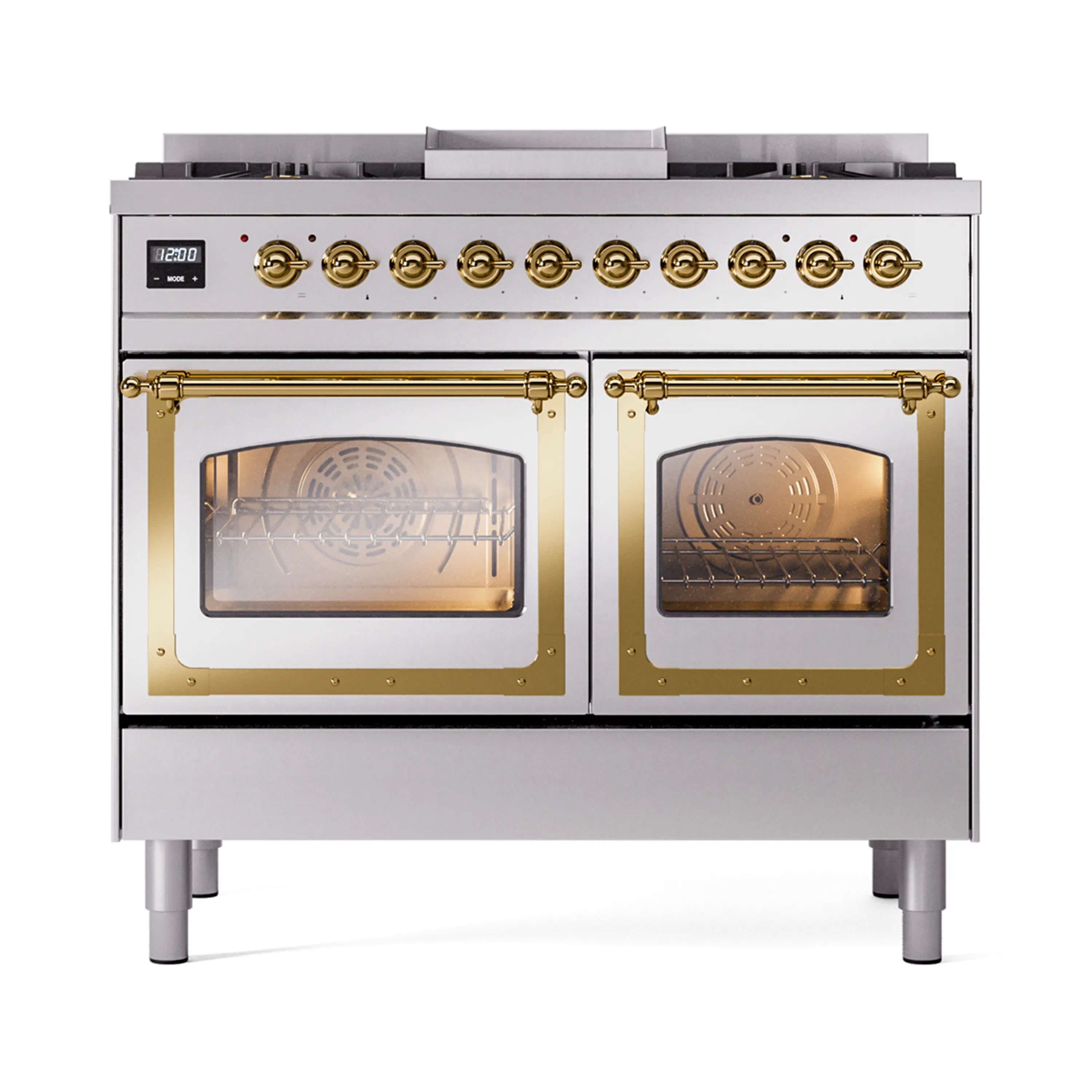 Stainless range with brass trim, dual-view triple glass oven doors and front control knobs