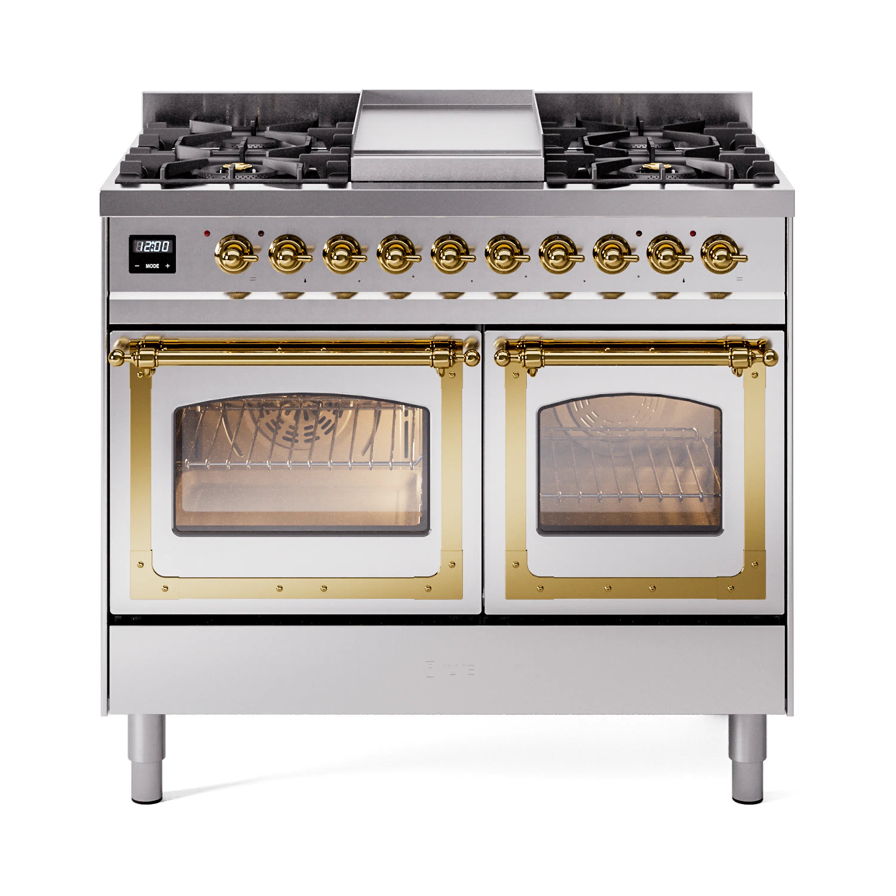Stainless gas dual fuel range with brass trim, triple-glass door ovens and cooktop burners