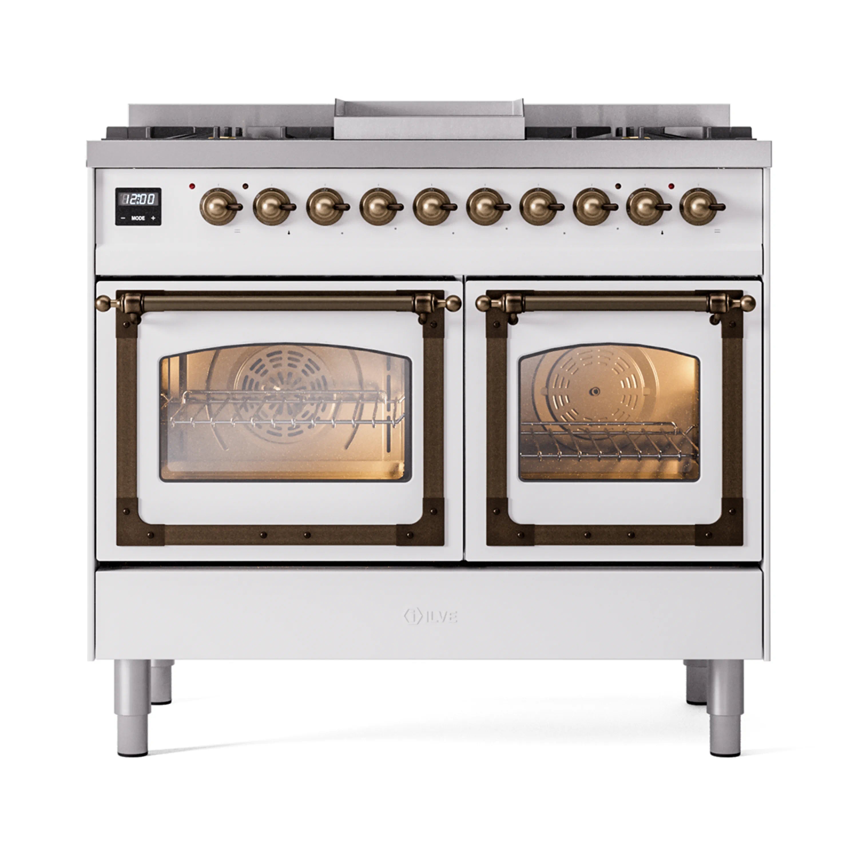 White dual fuel range with bronze trim, both oven doors open, showing racks inside
