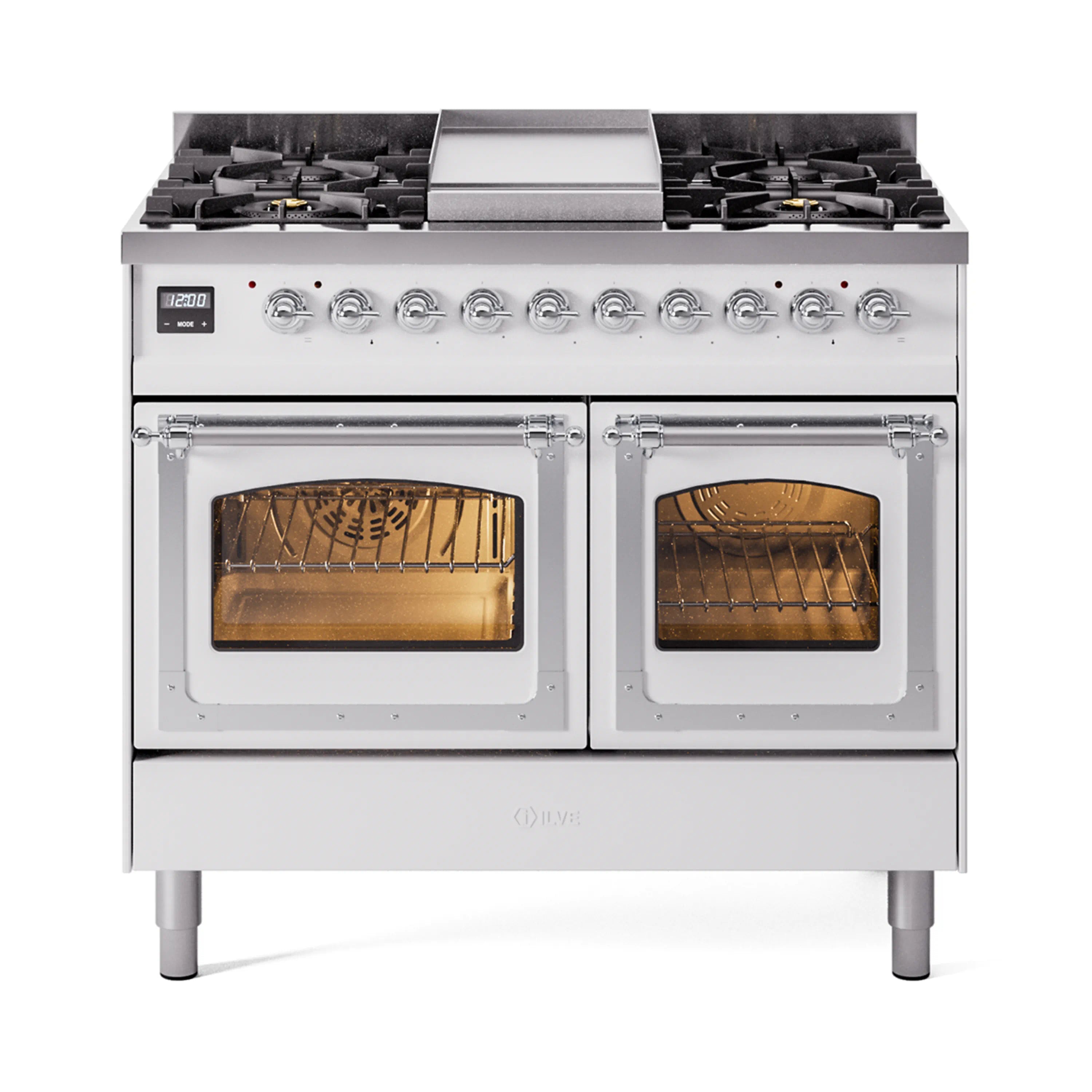 White dual-fuel gas range with chrome knobs, dual ovens, and two glass oven doors