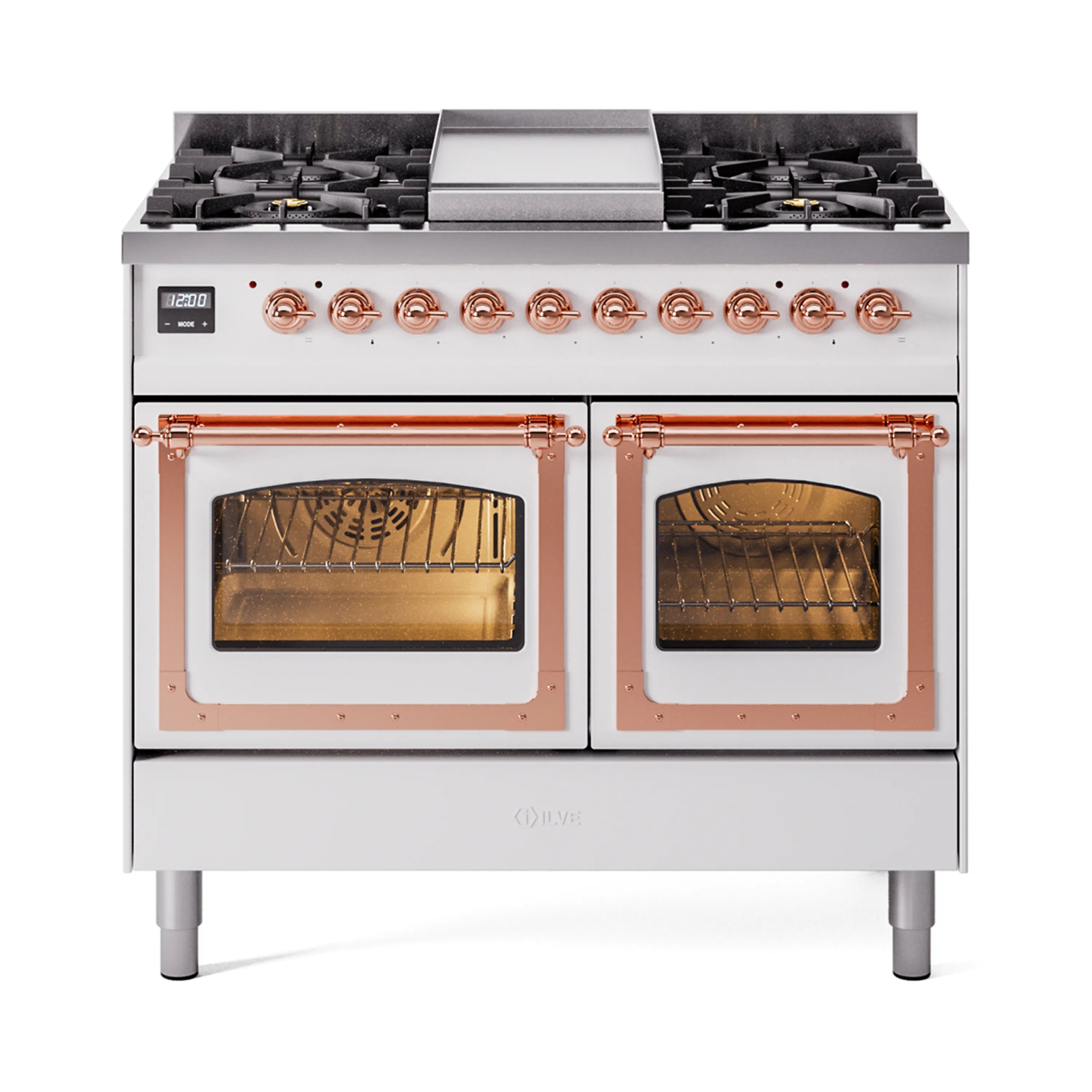 White ILVE dual fuel range with copper knobs and dual oven doors, shown closed.