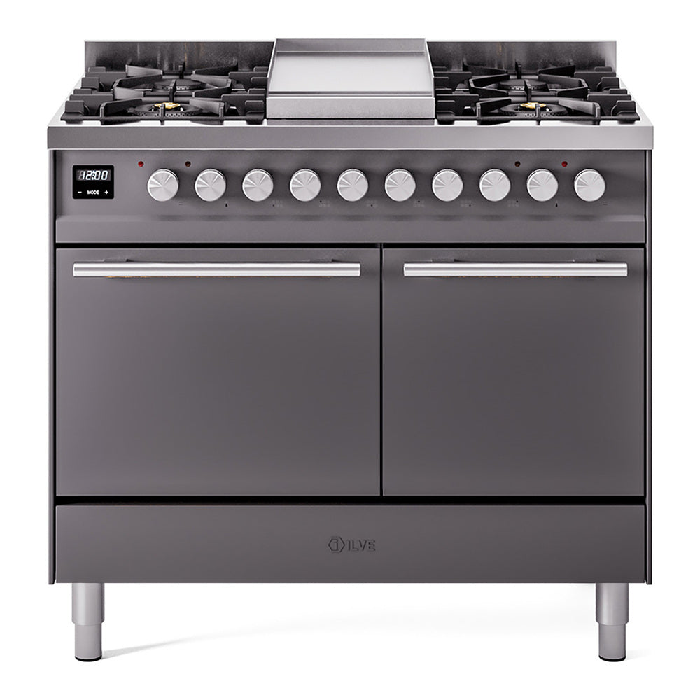 Matte graphite dual fuel range with burners, center griddle, and two cabinet doors