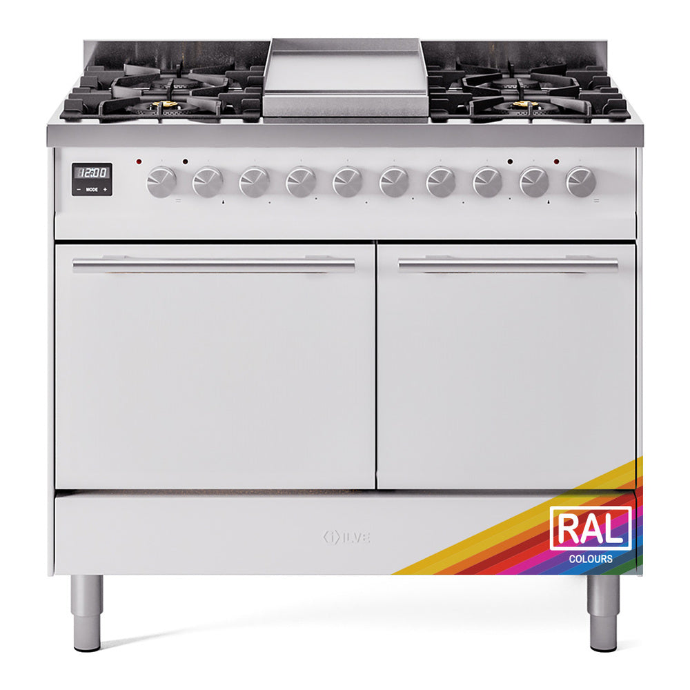 Dual fuel range front view with control knobs, twin doors, and RAL Colors logo