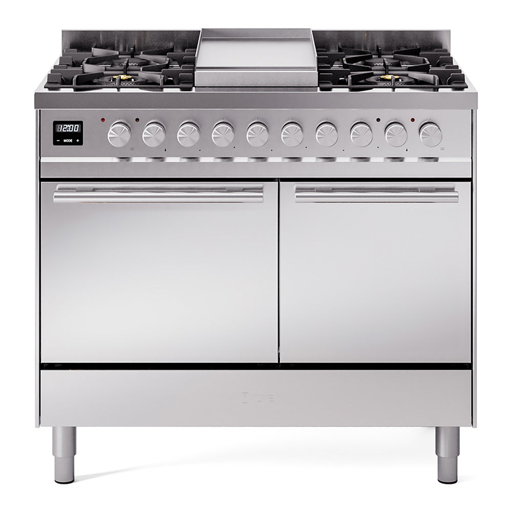 Stainless steel dual fuel gas range with griddle, control knobs, and burner grates