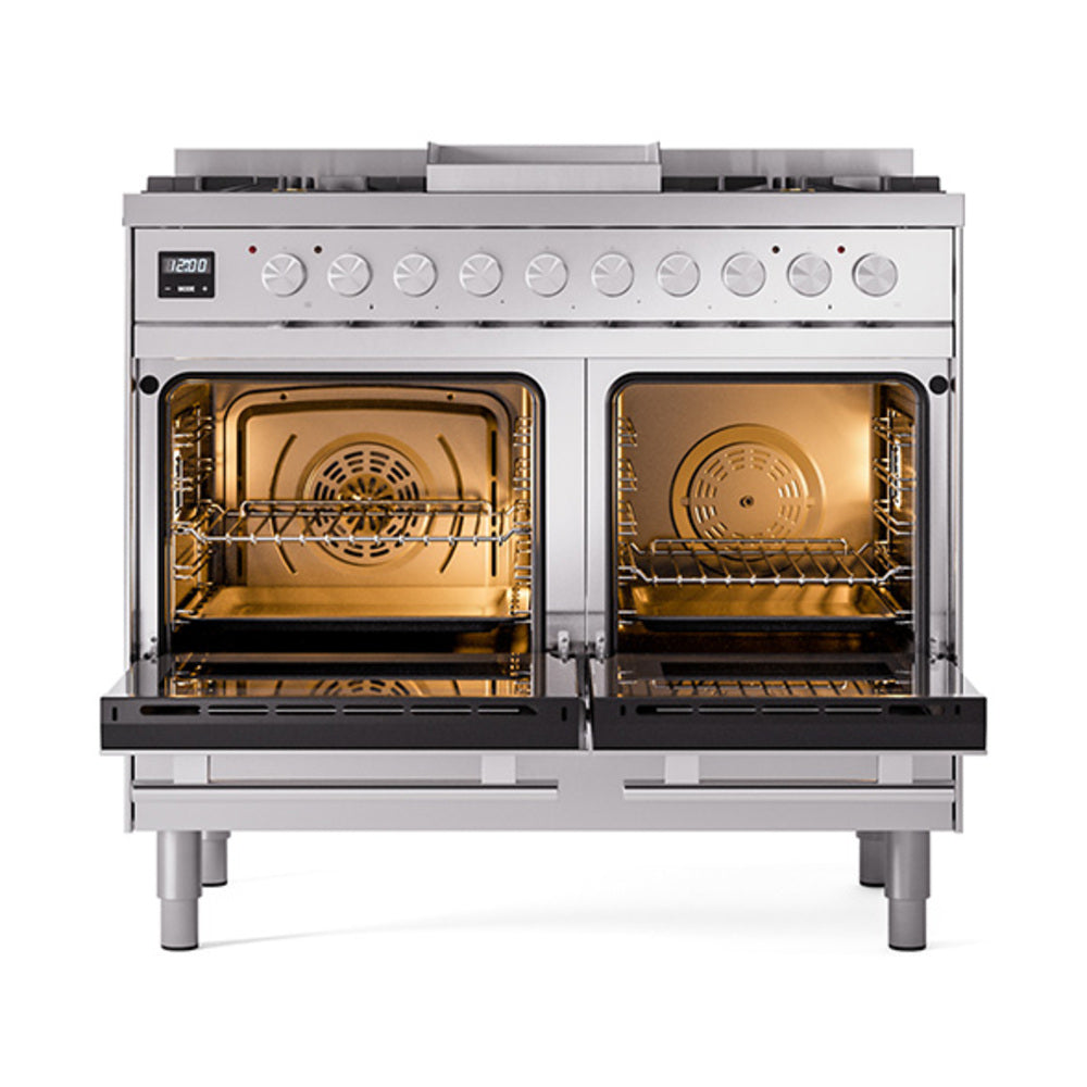 Stainless steel dual oven range with both ovens open, showing racks and interior burners