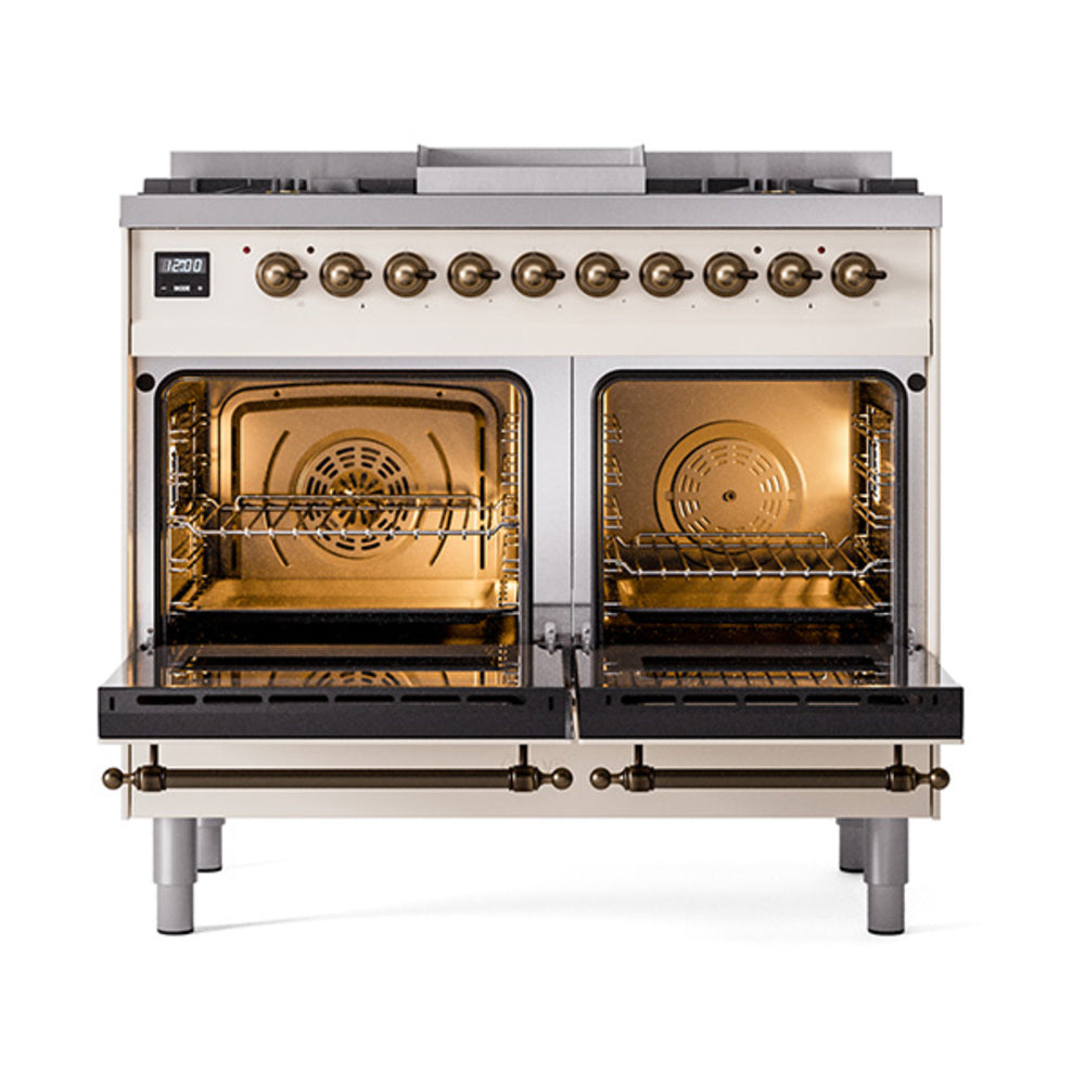 Antique white dual-oven gas range with two open solid door ovens and interior racks