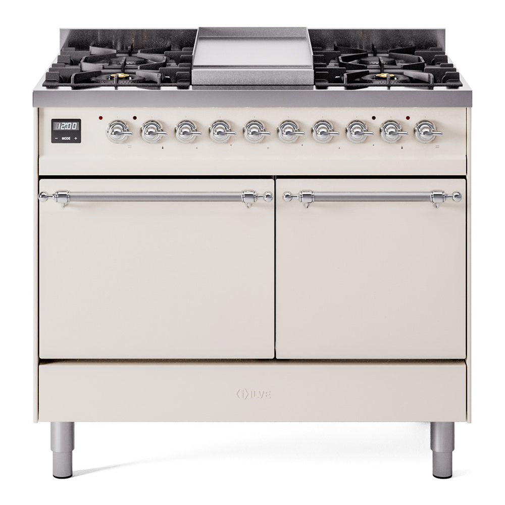 Antique white gas dual fuel range with chrome knobs and two oven doors
