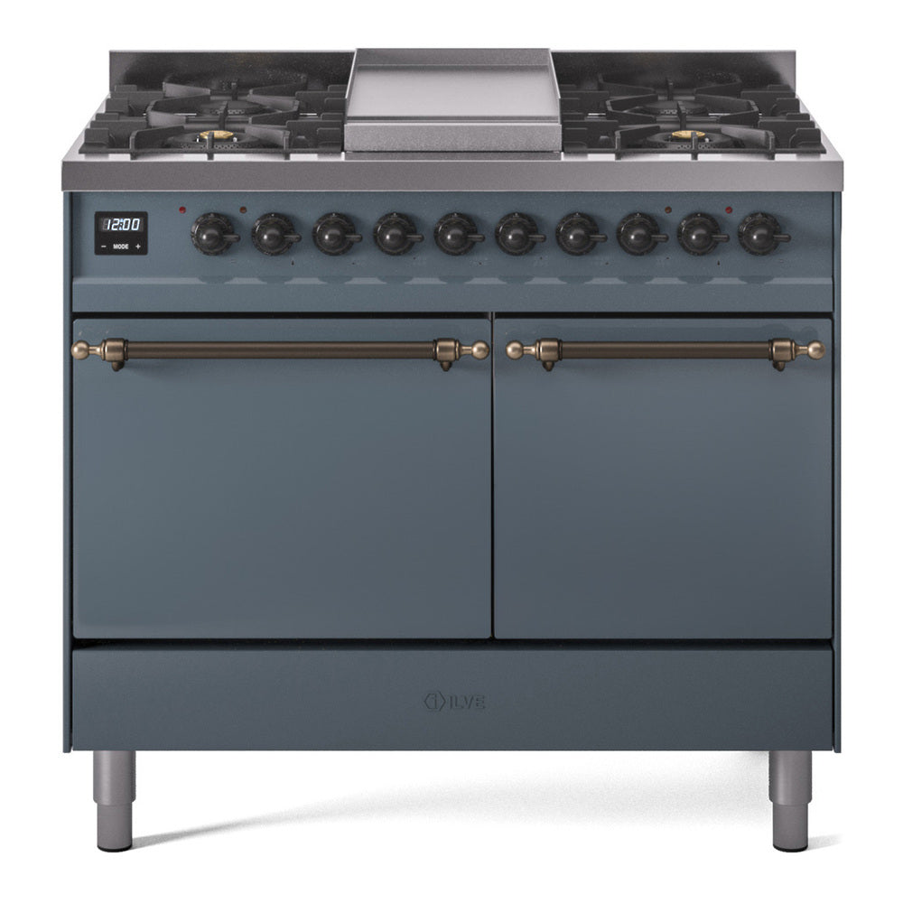Blue grey ILVE dual fuel range with six burners, griddle, and bronze-trim knobs
