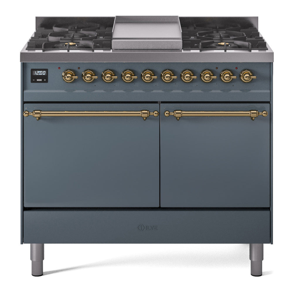 Blue-grey dual fuel range with brass trim, six burners, griddle, and double doors