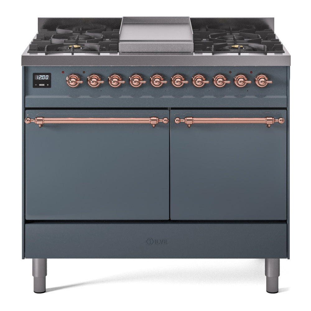 Blue-grey propane dual-fuel range with copper trim, griddle and two oven doors