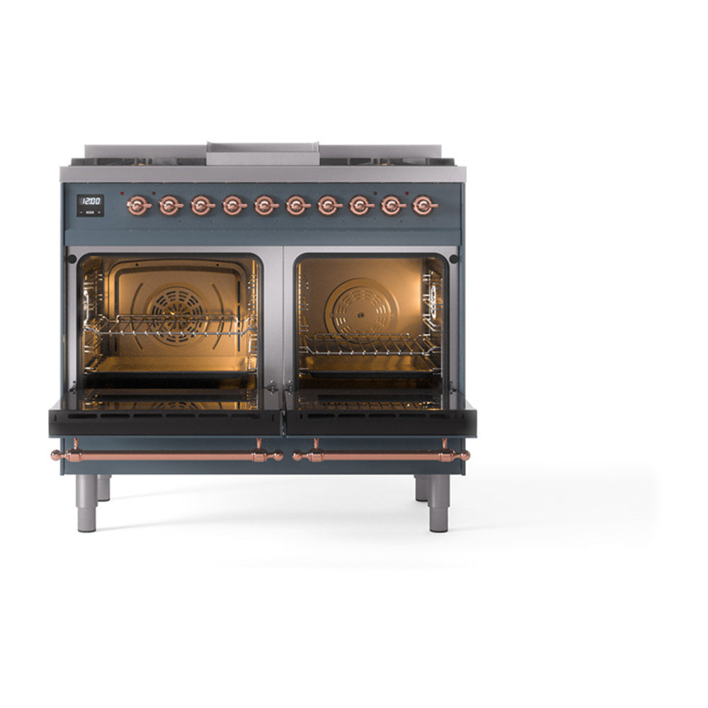 Blue-grey range with open ovens, copper trim accents, cooktop control knobs