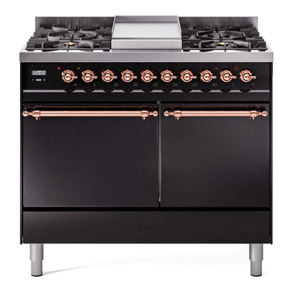 Glossy black dual fuel range with copper-trim control panel, burners, and griddle