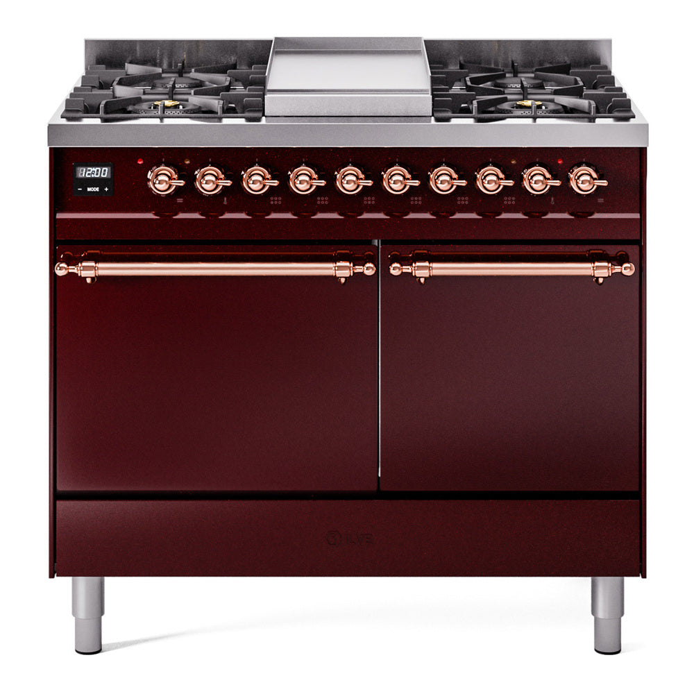 Burgundy dual fuel range with copper trim, front knobs, cooktop burners and griddle
