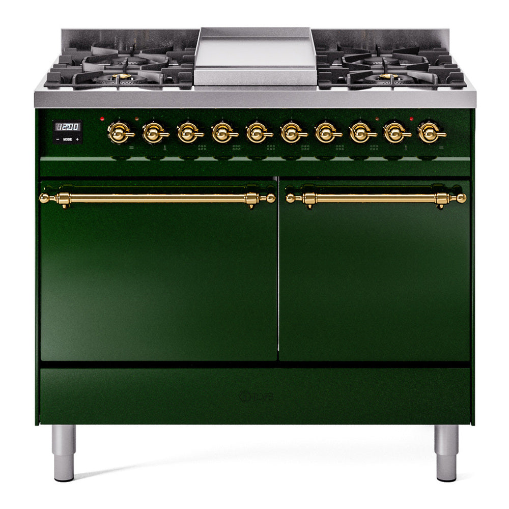 Emerald green dual fuel range with brass trim, griddle and multiple front burners.
