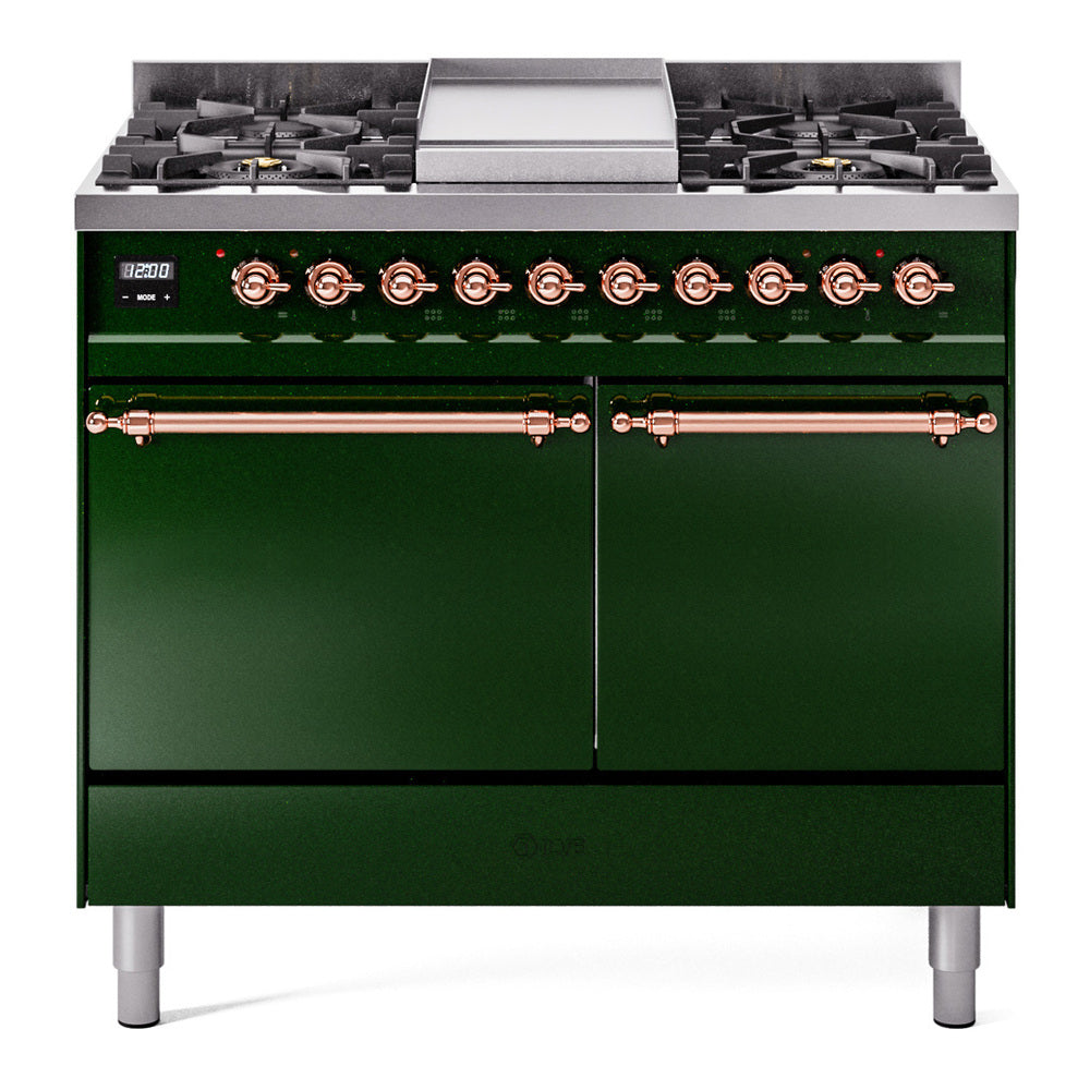 Emerald green gas dual-fuel range with griddle, six burners, and copper control knobs