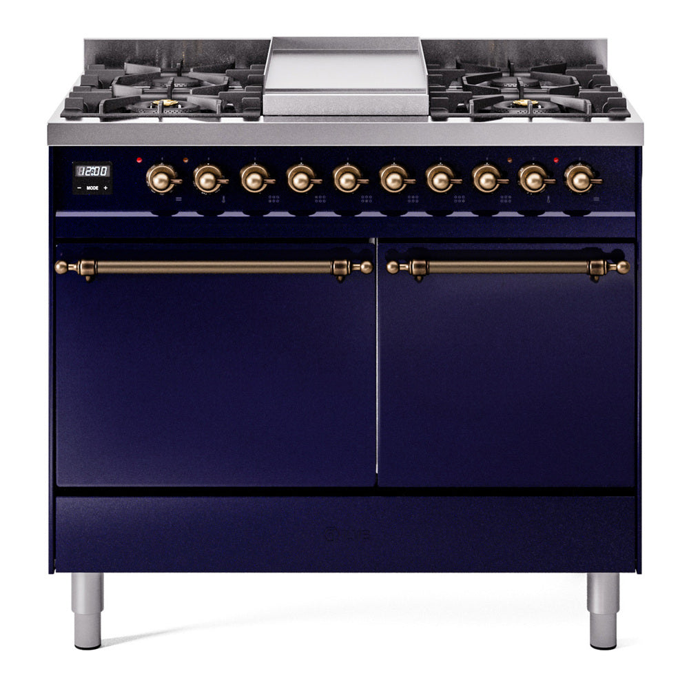 Midnight blue dual-fuel gas range with six burners, control knobs, and griddle