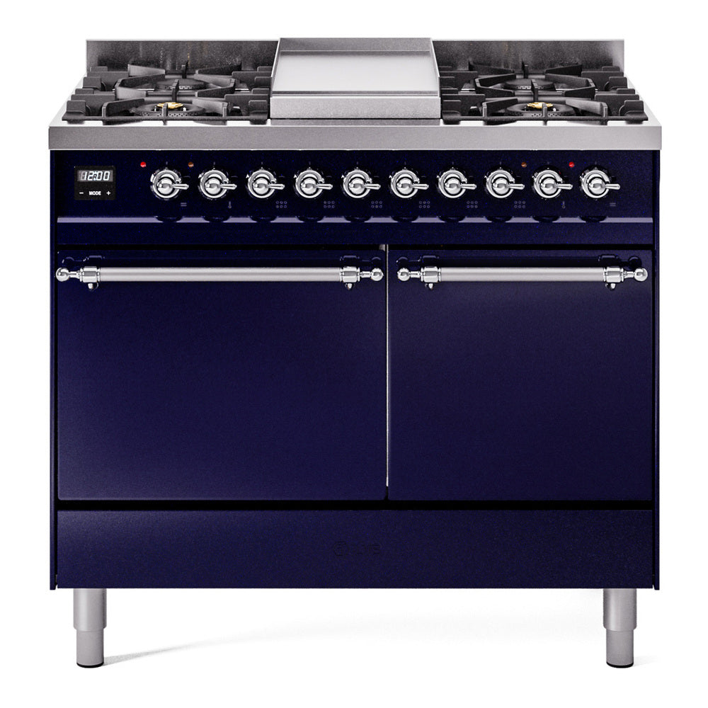 Midnight blue dual-fuel range with chrome knobs and six gas burners plus griddle on top