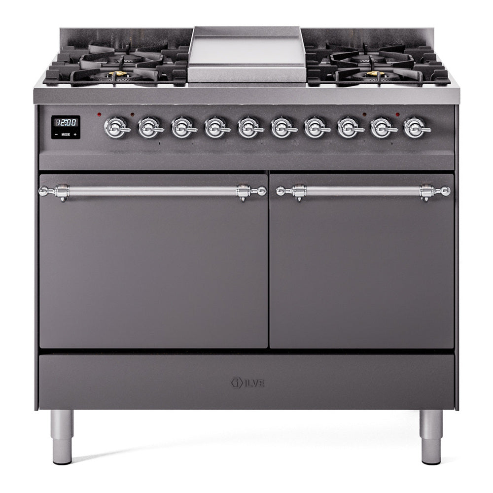 Dual-fuel range front view with control knobs, center griddle, and two solid doors.