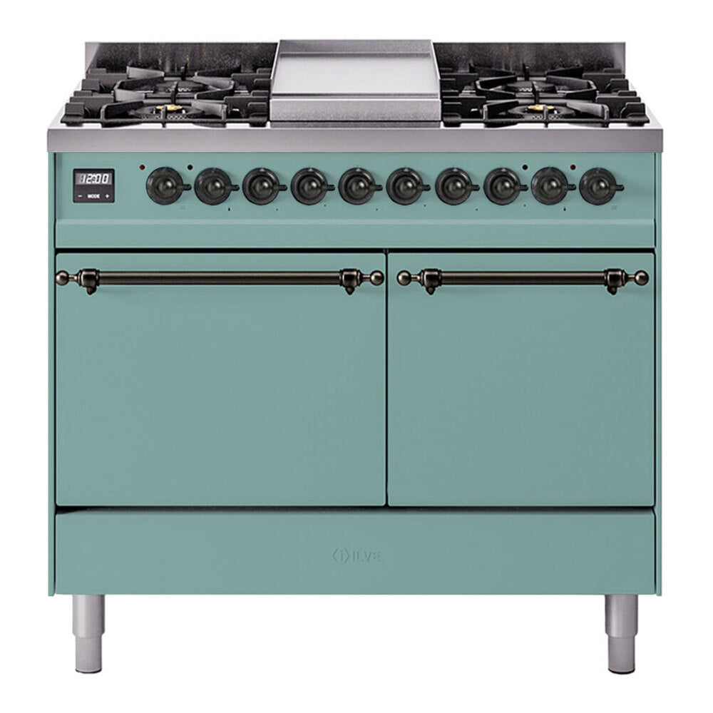 ILVE 40-Inch Nostalgie II Propane Gas Dual Fuel Range with 6 Burners, Griddle and Solid Door Oven in Mediterranean Mint with Burnished Bronze Trim (UPD40FQNMPMMBLP)