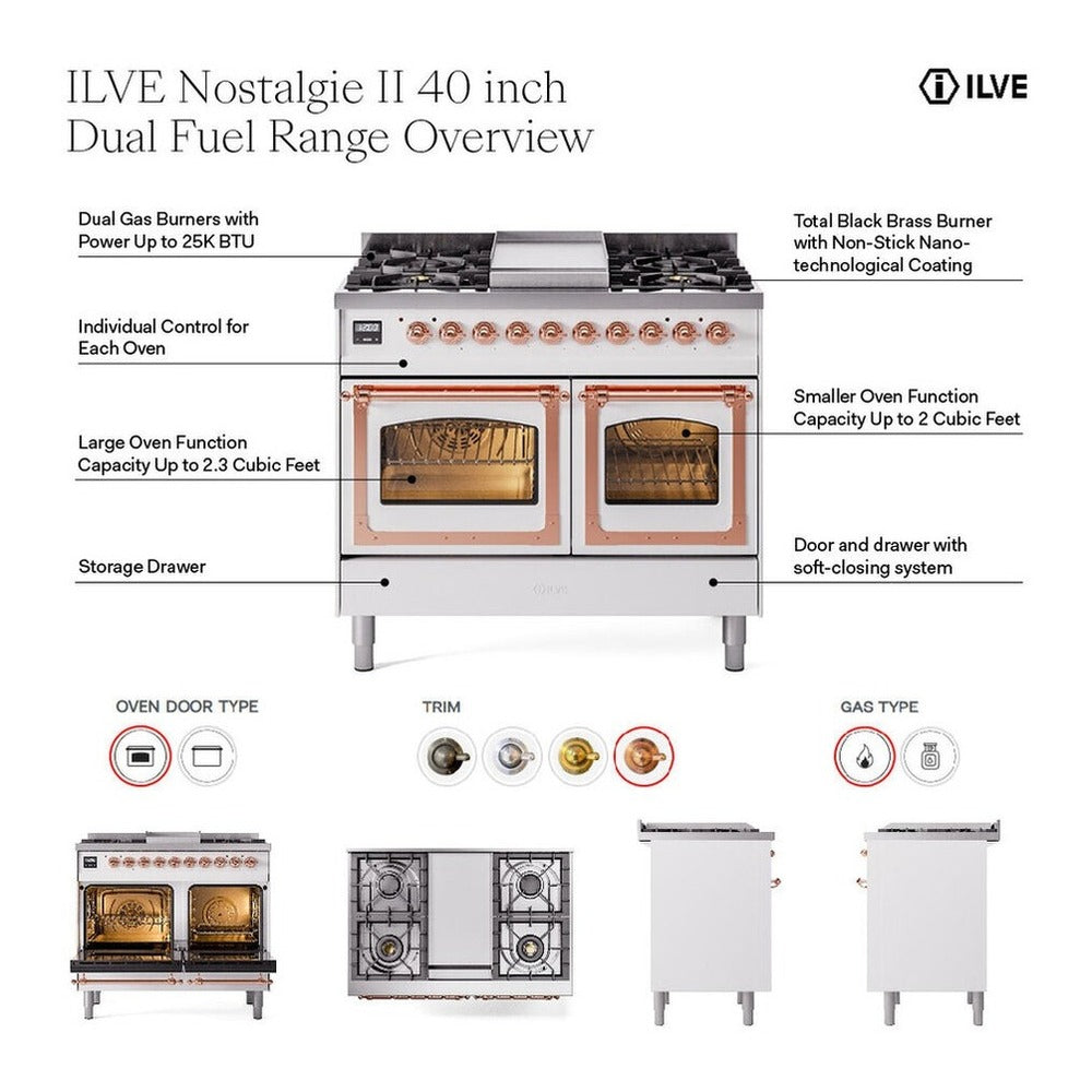 ILVE 40-Inch Nostalgie II Natural Gas Dual Fuel Range with 6 Burners, Griddle and Solid Door Oven in Mediterranean Mint with Brass Trim (UPD40FQNMPMMG)