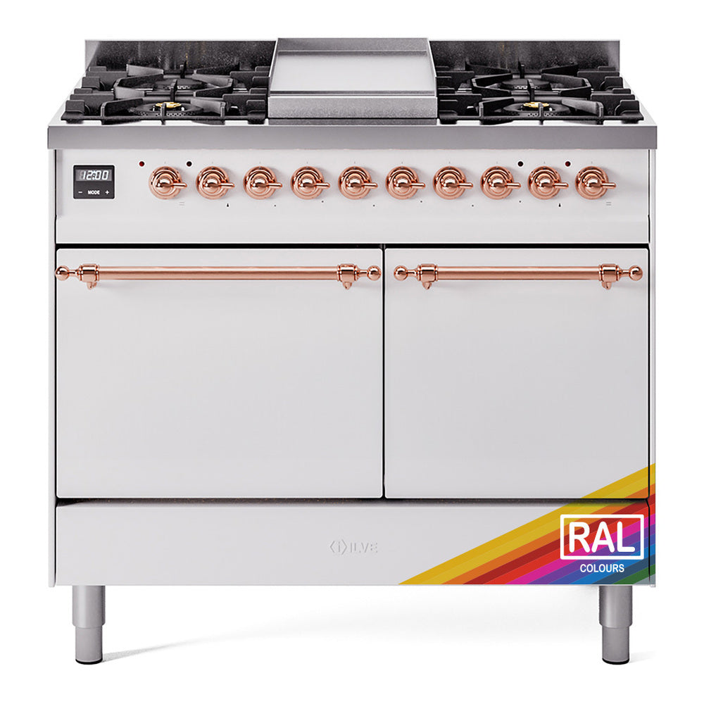 Dual fuel gas range front view with six burners, center griddle, copper trim