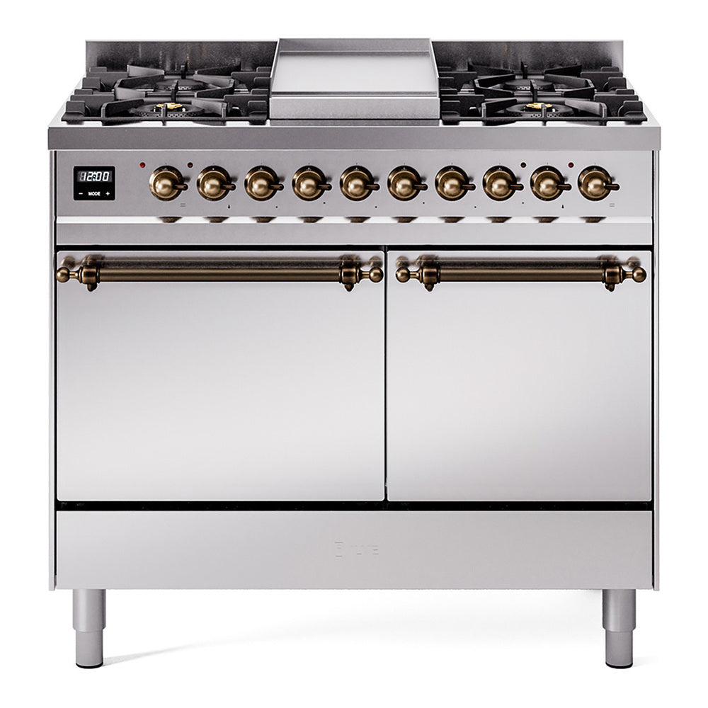 Stainless steel range with bronze knobs, griddle, and two closed oven doors