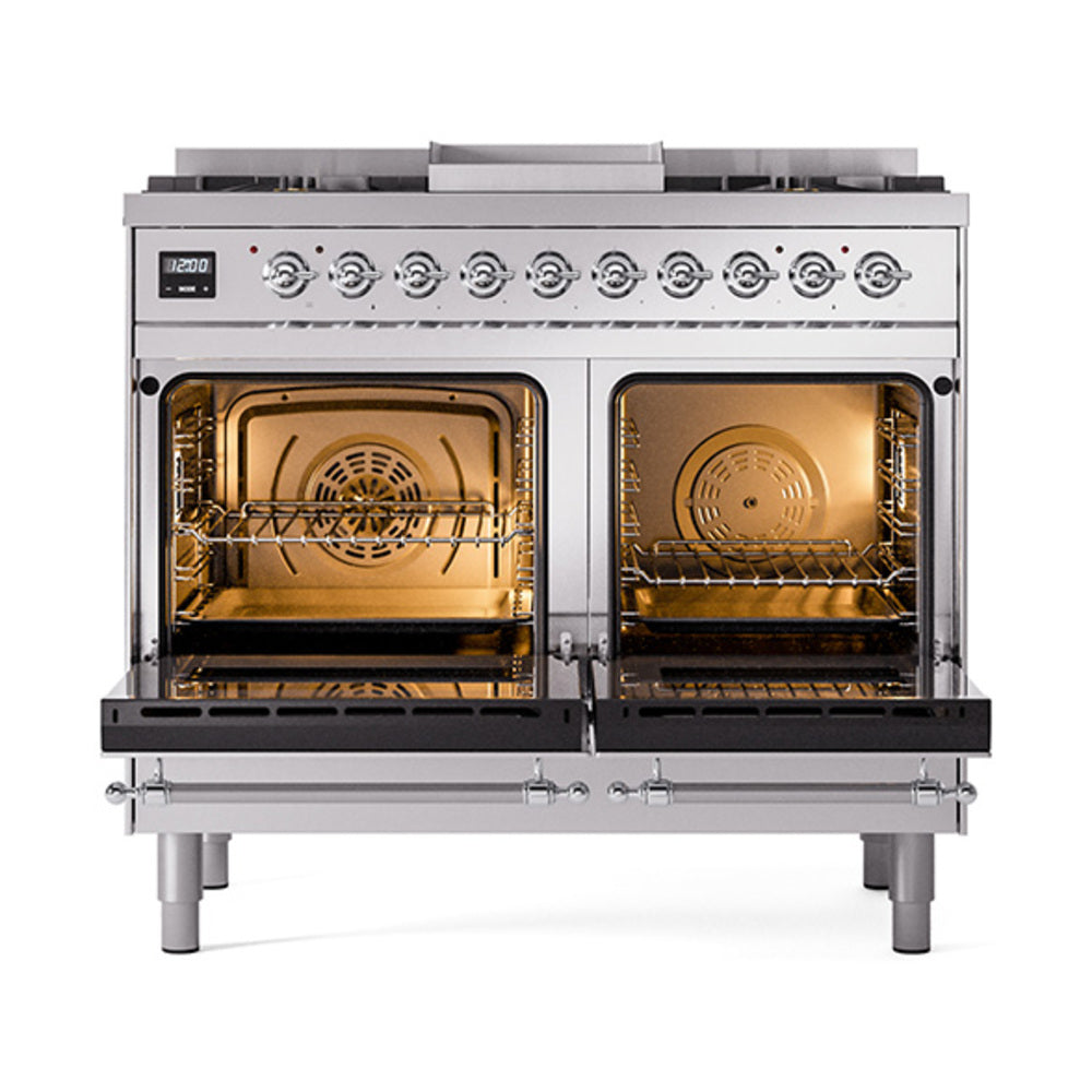 Stainless steel range with open dual ovens and chrome-trim doors