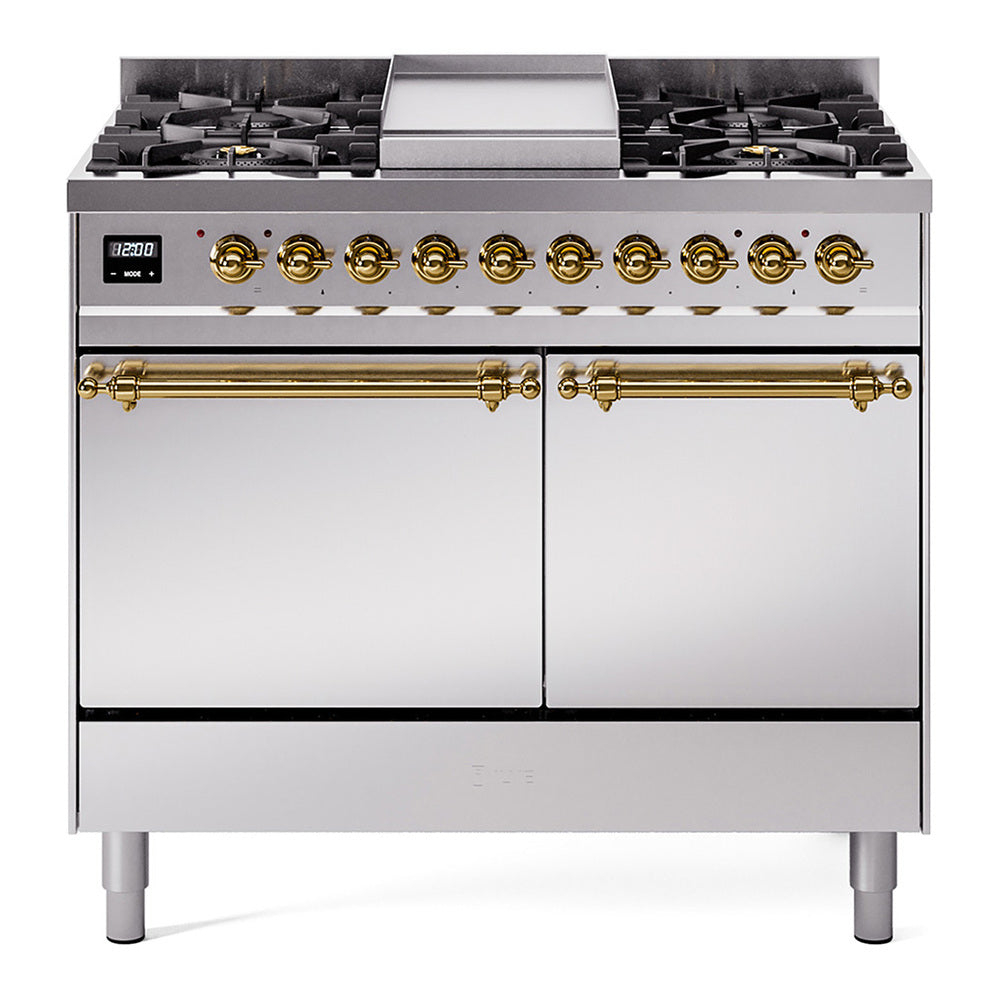 Stainless steel dual-fuel range with brass knobs, griddle, and closed oven doors