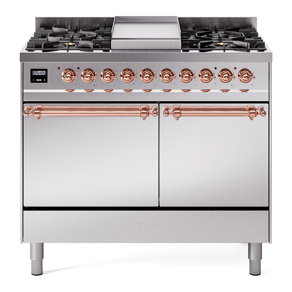 Stainless steel dual fuel range with copper-trimmed controls, griddle, and 6 burners