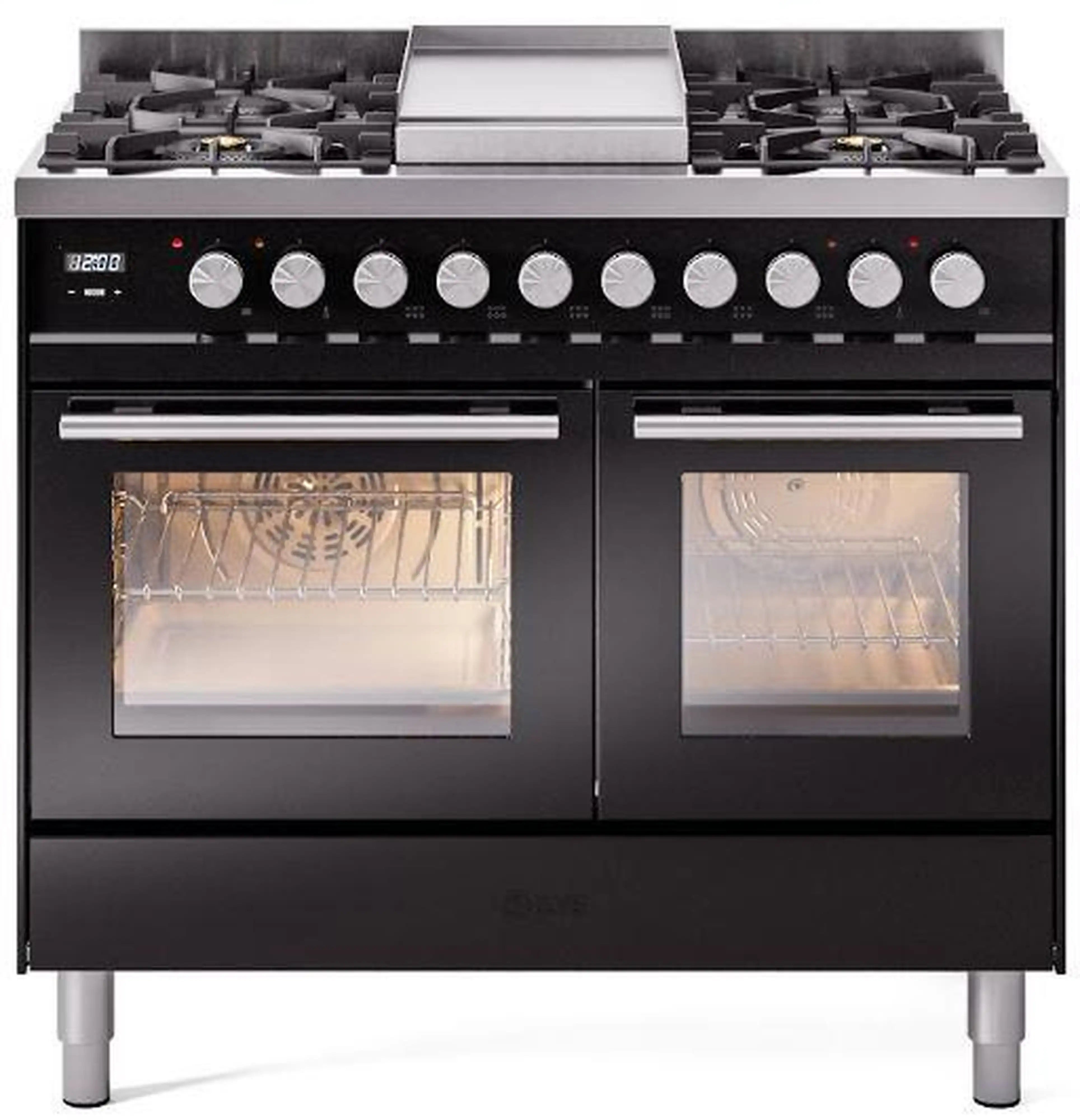 Glossy black freestanding dual-fuel range with two open oven doors and burner knobs