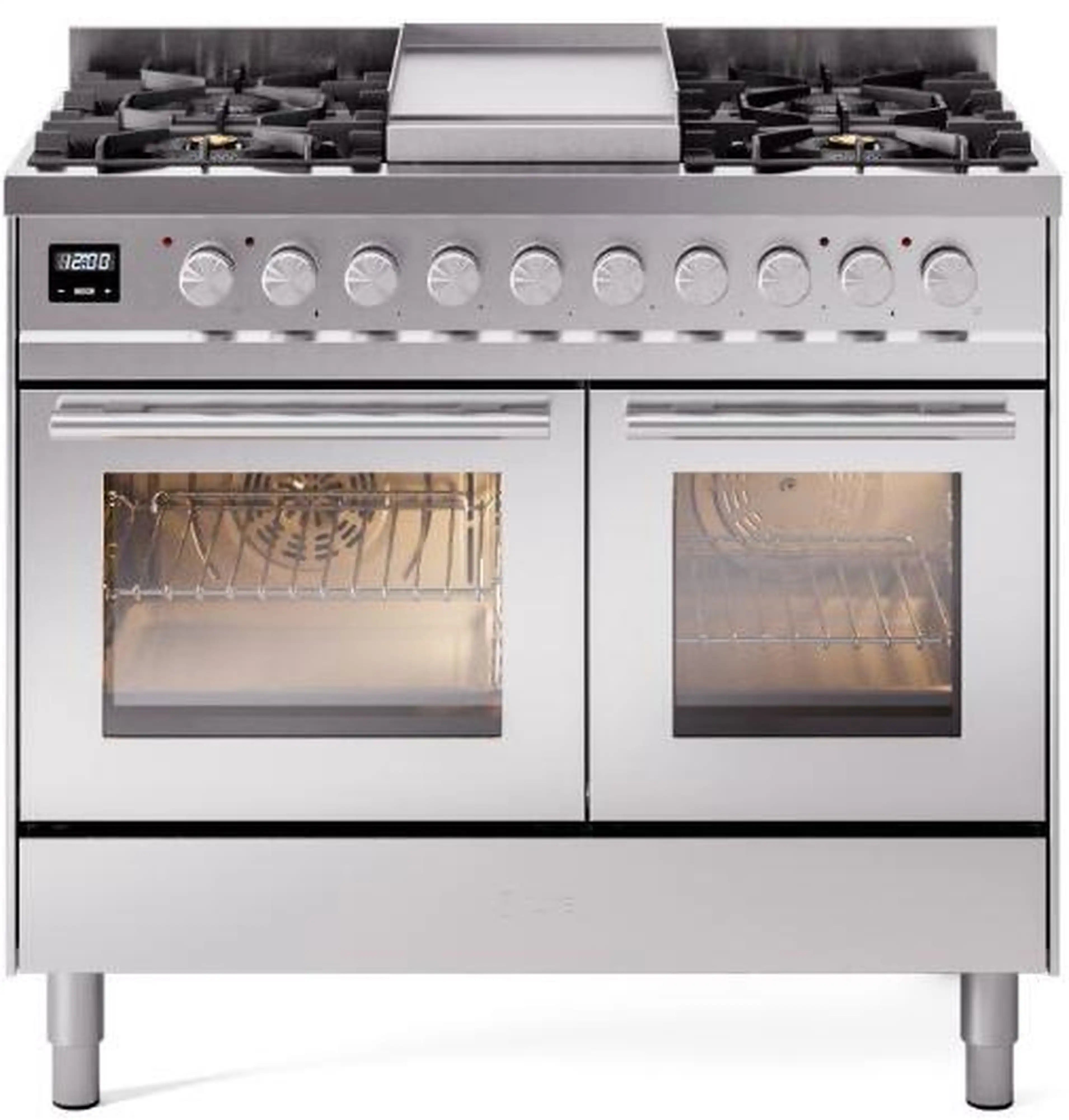 Stainless steel freestanding gas dual-fuel range with six burners and two oven doors